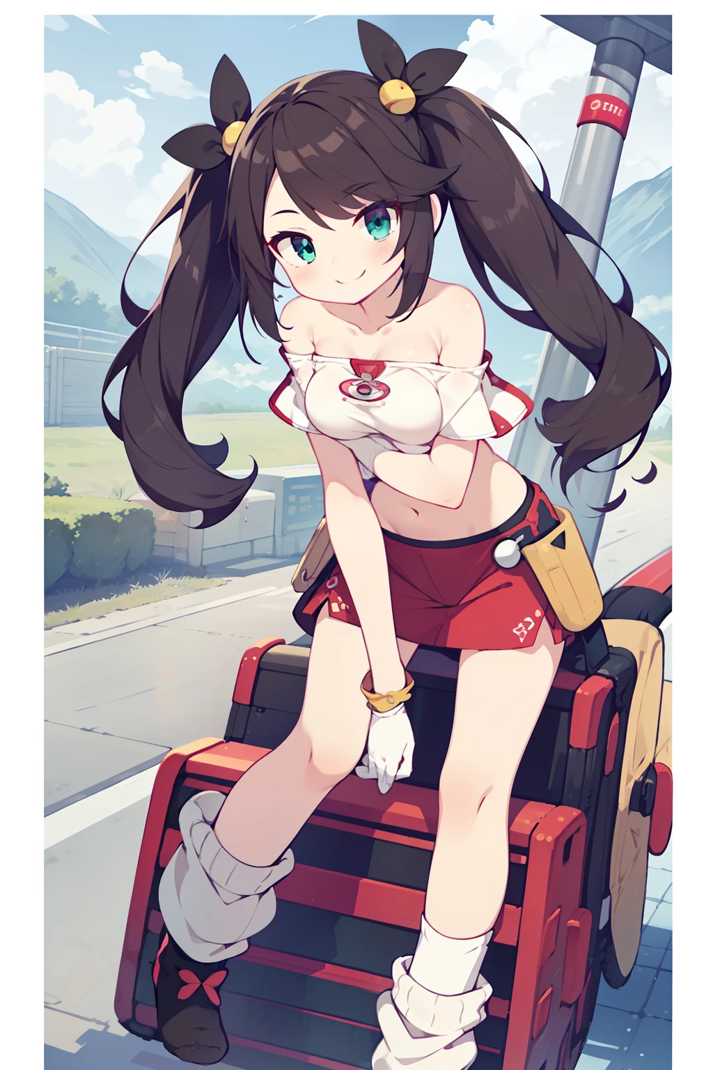 1girl in, (Solo:1.2), (Perfect body:1.1), (Best Quality:1.1), Cute Girl, official art, (Pokémon style:1.1), (Plain tube top:1.5), Tsuriformes, Sanpaku eyes, Narrow-eyed, emerald eyes, A dark-haired, length hair, large full breasts, Missis cart, Navel Ejection, You can see the valley, White long gloves, (Loose socks:1.3), (evil smile:1.2), (mesugaki:1.1), Pointed hair, Hair flowing sideways, drills twintails, I don't have anything in my hands, There is no one around,