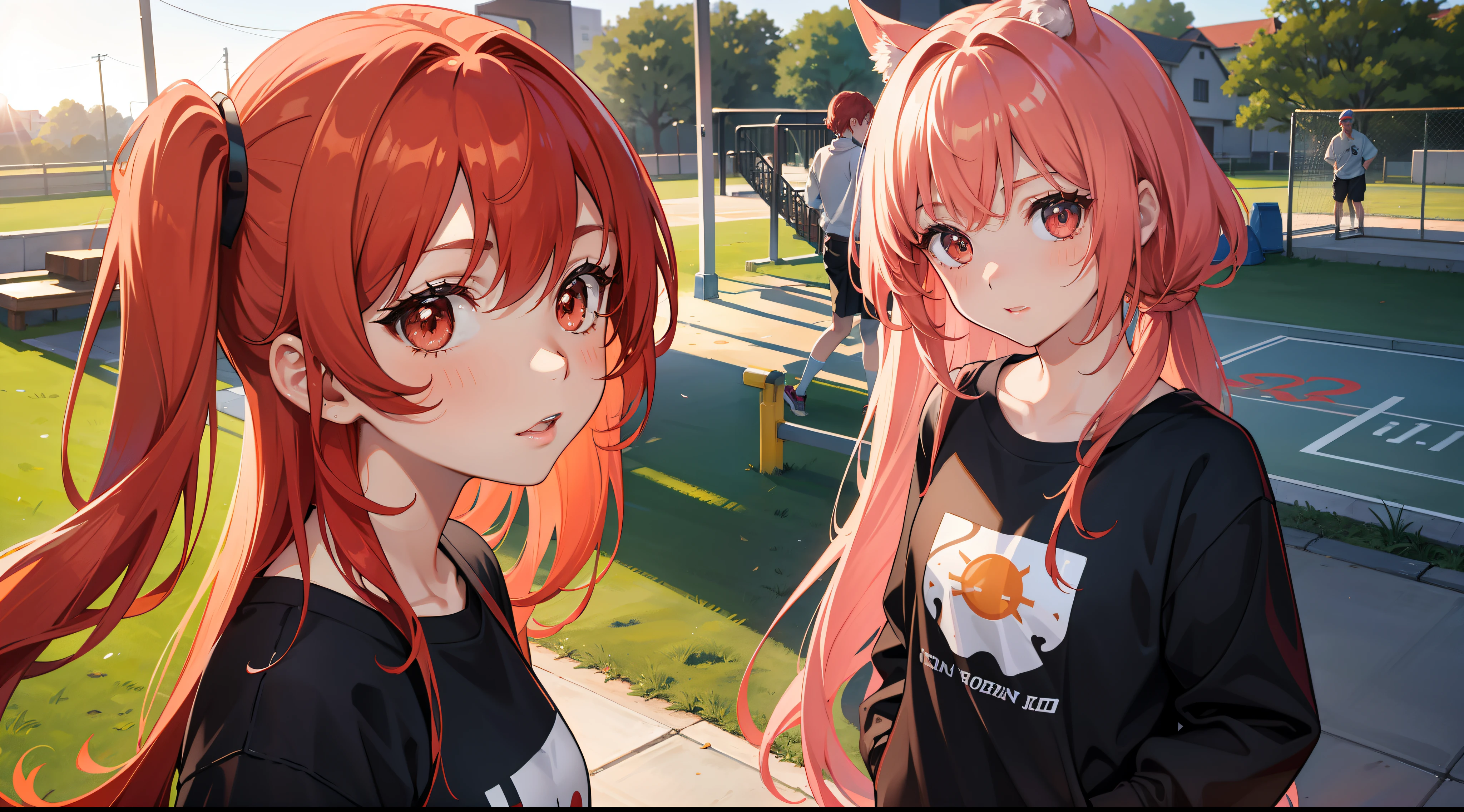 Light red hair，dual horsetail，pupils，teens girl，wearing sweatshirt，The background is on the playground track，The girl ran，The time is daylight，Close-up of the sun，The girl was sweating