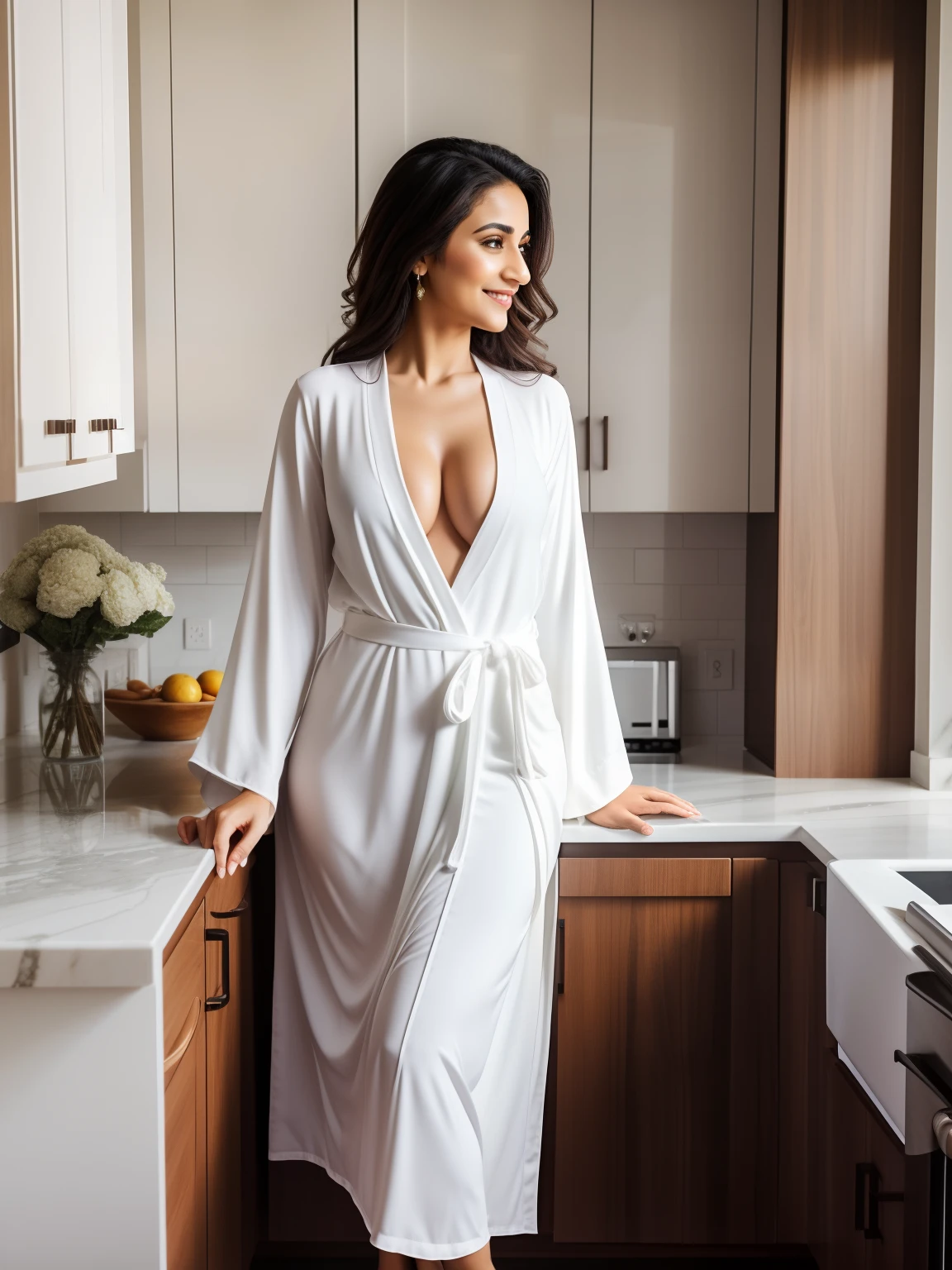 Beautiful cute saudi arab mom. Wearing revealing robe in kitchen. Early morning. Sunshine. Hourglass figure. Optimistic.