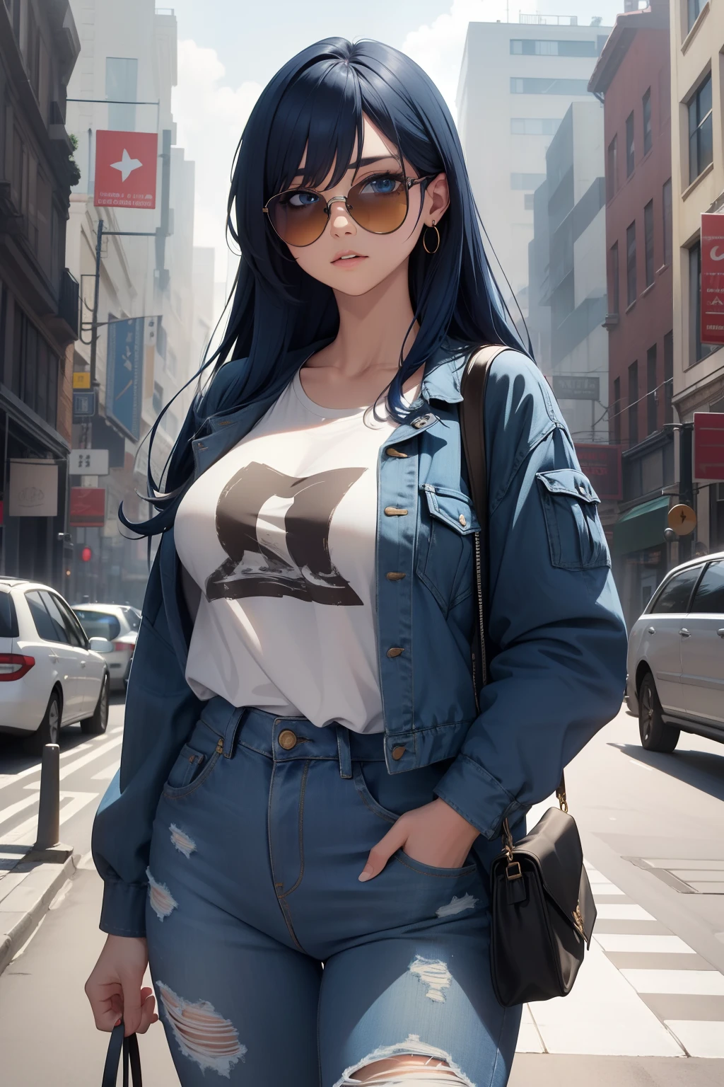 (masterpiece, best quality, 4k, photorealistic, cinematic, ultra-detailed), wide shot, perfect anatomy, curvaceous body, perfect eyes, perfect hands, large chest, long round legs, 1 girl, blue hair, Relaxed Denim Jacket, Graphic T-shirt, Distressed Boyfriend Jeans, White Sneakers, Crossbody Bag, Oversized Sunglasses, Blue Hair in Loose Waves,