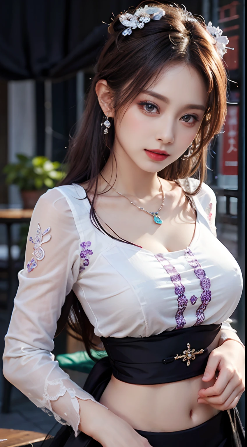 1 beautiful girl in Han costume, thin purple silk shirt with white color with many textures, white lace top, long platinum purple ponytail, Hair Jewelry, ear jewelry, Lilac, necklace and necklace, meticulously drawn large purple eyes, meticulous makeup, Thin eyebrows, High Nose, lovely red lips, pursed lips, rosy cheeks, wide breasts, Big breasts , well-proportioned bust, Slim waist, purple mesh socks, chinese hanfu style, fictitious art textures, vivid and realistic colors, RAW Photos, Realistic Photos, ultra high quality 8k surreal photos, (effective fantasy light effect: 1.8), 10x pixel, magical effect (Background): 1.8), ultradetailed eyes, girl body portrait, ancient hanfu background,