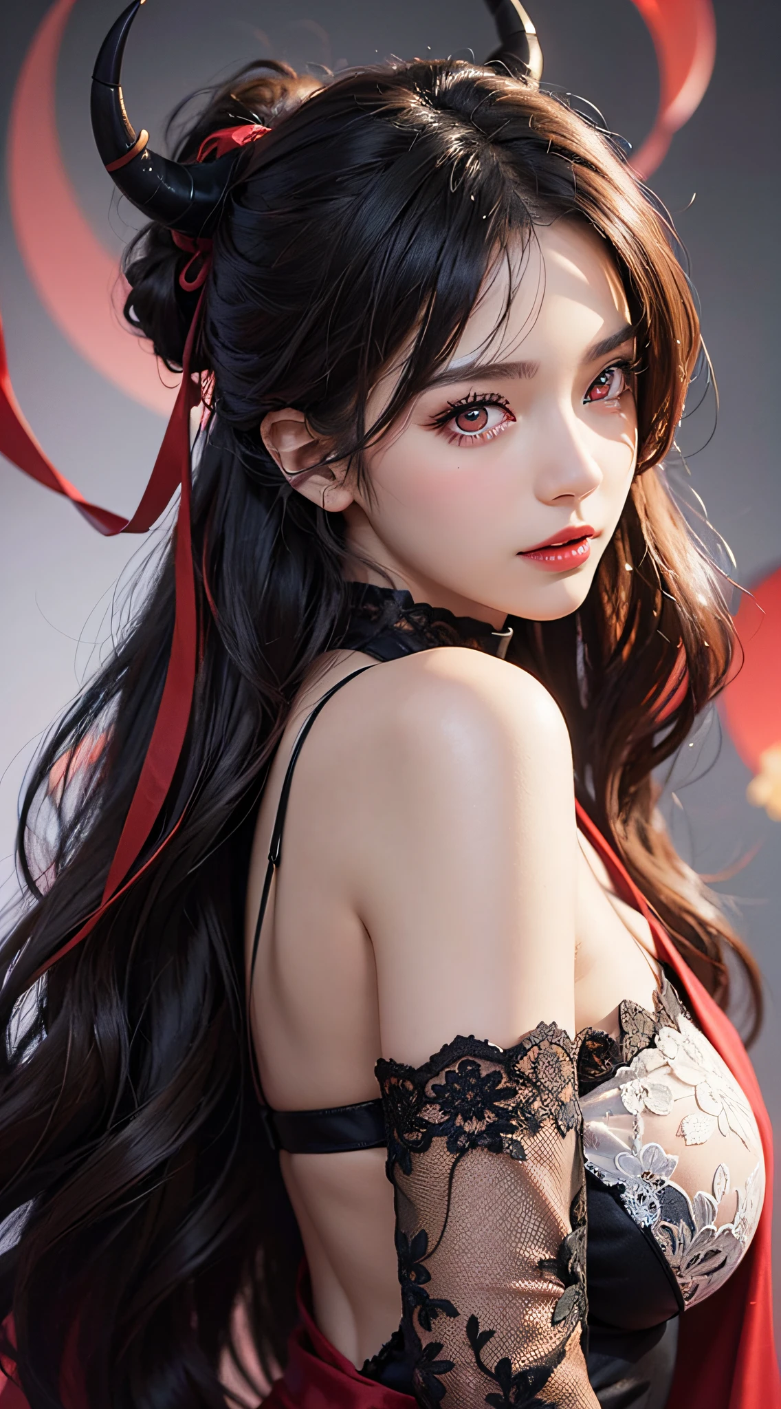 1 beautiful devil woman from hell, surreal female portrait by David Hockney and Alphonse Mucha, realistic shorts, chinese doll, photorealism, dynamic lighting, artstation, poster, volumetric lighting, clean pink and white face, super realistic face, beautiful face and very detailed make-up, 8k ultra, awarded, in the dark, low key, cowboy lens, (Red phoenix dress: 1.0), long hair, black hair, bust, devil's Palace, devil crown, eyes make up very sharp and detailed, the most beautiful face, super tight breasts, breast augmentation, the breasts are very big and round and round, super realistic, chinese women's clothing, polo neck sweater, charming smile, the eyes are very well made up, ((Deep red eyes:1.2)), big round eyes, glaring at the viewer, guweiz, devil style, wearing black mesh socks, ponytail with a bow tied at the back of the hair, plump and beautiful red lips, wearing a thin red and black robe, Hands pull the straps to reveal sexy breasts, the landscape is overcast and thunderous, beautiful female devil portrait, close-up of the main character, (detailed spooky background:0.8), HDR, UHD, 8kquality, detailed pixel, facing the beautiful girl, looking at the girl body,