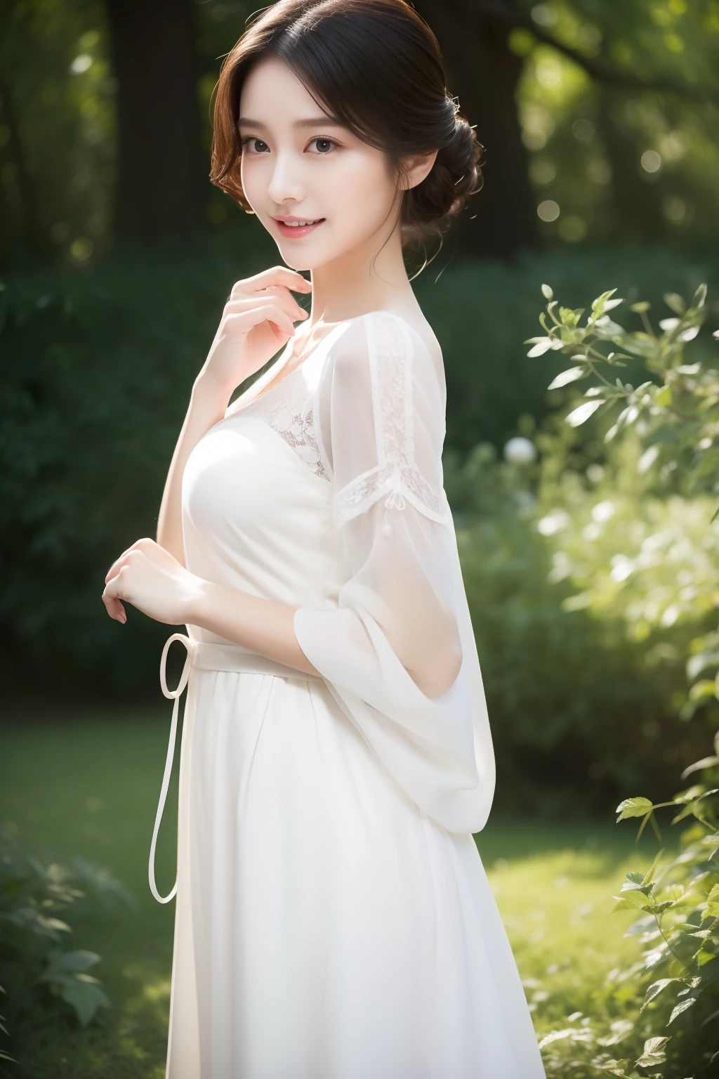 (8K，realisticlying，Real Human，poster for，Very detailed faces，动态照明，Full body photo)She is graceful，It's like a work of art。Elegant curves outline her slender figure，The moving gesture shows her inner confidence and pride。Long hair is as smooth as a waterfall，Gently draped over slender shoulders。The slight curl creates a feminine layering，It makes people feel a touch of elegance。The facial features are delicate and three-dimensional，Picturesque eyebrows，The crooked eyes shone with wisdom。Long eyelashes flutter like butterfly wings，Add to her overall feminine temperament。The makeup is light，Meticulous and meticulously crafted。The light foundation gives her skin a healthy glow，A slight pink softness between her lips set off her smile。Wearing a loose snow-white dress，The soft fabric dangled gently over her slender body，Gracefully reveals her curves。The sleeves are punctuated with delicate lace，It adds a bit of romance。On his slender fingers he wears a silver ring，Flashing with a shimmering light。She wears a slender bracelet on her wrist，The delicate pearls shine warmly in the sun。Step on a pair of well-designed heels，The delicate leather shows a sense of premium。The upper is punctuated with delicate patent leather trims，Shimmering with a charming light。Walk through lightly，Like a dancing elf。She demeanor gracefully and freely，It's like an intoxicating picture，It's awe-inspiring，Revel in it。