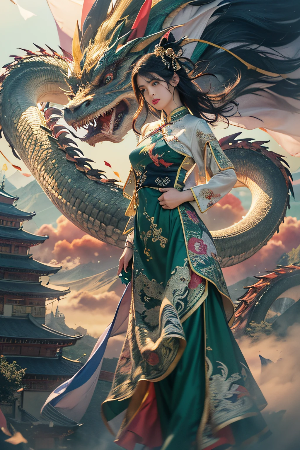 Dragon_Real, Flame Long dragon, Chinese dragon, paws, serpentine body, sharp eyes, ((best quality)), ((masterpiece)), ((realistic)), ((18-year-old girl in Chinese clothes, flowing hair adorned with a beautiful hair ornament, standing amidst flying flower petals with a majestic dragon wrapped around her)), Haircut model by Choppy layers, possed is Standing in the doorway pose, sharp grey-blue, shooting angle is Bird's-eye view, Be mesmerized by the enchanting sight of an 18-year-old girl donned in elegant Chinese attire, her flowing hair gracefully embellished with a captivating hair ornament. As flower petals sway in the wind around her, a majestic dragon wraps its serpentine body around her, creating a scene of mythical allure. Immersed in the deepest jungle river of a rainforest village, the lush greenery and vibrant flora surround them. Runes adorn the landscape, imbuing an air of ancient mysticism. The duo stands atop a mist-covered mountain, where snow-capped peaks reach for the sky. Soft light illuminates the girl's face, casting gentle shadows and capturing her ethereal beauty. Bokeh and distant neon lights add a touch of magic from afar, creating a dreamlike ambiance. The blurry background further enhances the cinematic quality, drawing attention to the splendid and hyper-detailed composition. Prepare to be captivated by the seamless blend of natural elements and fantasy in this artistic masterpiece.