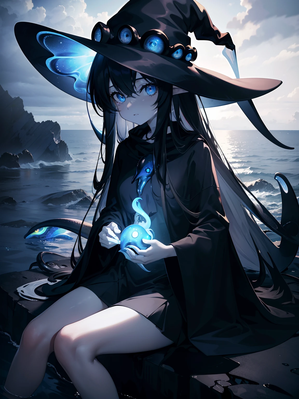 (Masterpiece, Best quality, ultra high resolution),1girl,black clothes, amber eyes, bright eyes,surrounded by tentacles, witch hat, (squid girl), beautiful and detailed face , detailed eyes,sitting on a rock in the middle of the ocean,cloudy sky, fog, ocean,(gray and blue theme)