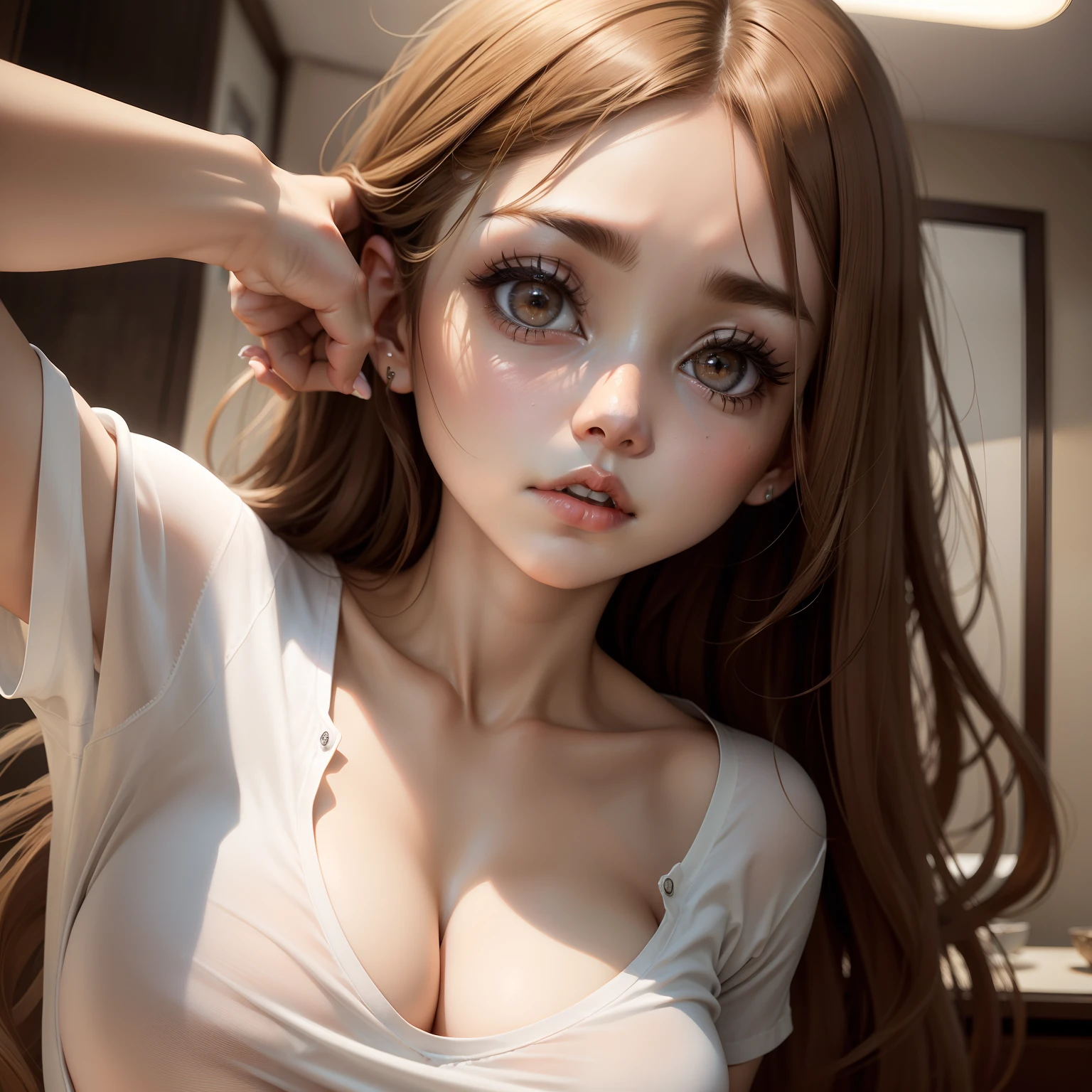 light brown hair and big eyes、long eyeslashes、Stylish woman in cleavage in white t-shirt posing provocatively