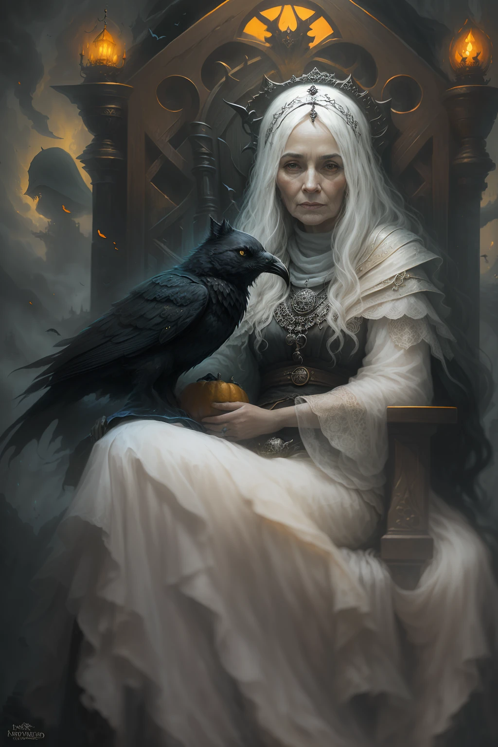 An old witch sat in a chair,Holding a crow in his arms,The old witch's face was wrinkled like oracle bones,The old witch is an old woman,The old lady's face wrinkled deeply, The old woman's lips were chapped and twisted,The mutilated teeth on the old witch's face were like broken sharp stones,It reveals the devastation of the years and her rich experiences,(tmasterpiece),(best qualtiy), Forcing Allah righteousness,Realist School Details,ultra - detailed, 16k,high definition resolution, Fantasy witch old woman, (1 old woman), 独奏, White hair,cinematric light, cold light, mistic, photorealestic, pumkin,The old witch sat in a chair,Holding a crow in his arms,Holding a crow,Epic fantasy digital art style, Epic Gothic fantasy art style,k hd, artgerm julie bell beeple, artgerm and rossdraws, Fantasy witch old woman, Epic dark fantasy art style, gothic fantasy art, dark fantasy concept art, queen of the underworld, an ominous fantasy illustration, dark fantasy style, fantasy dark art, sitting on intricate throne