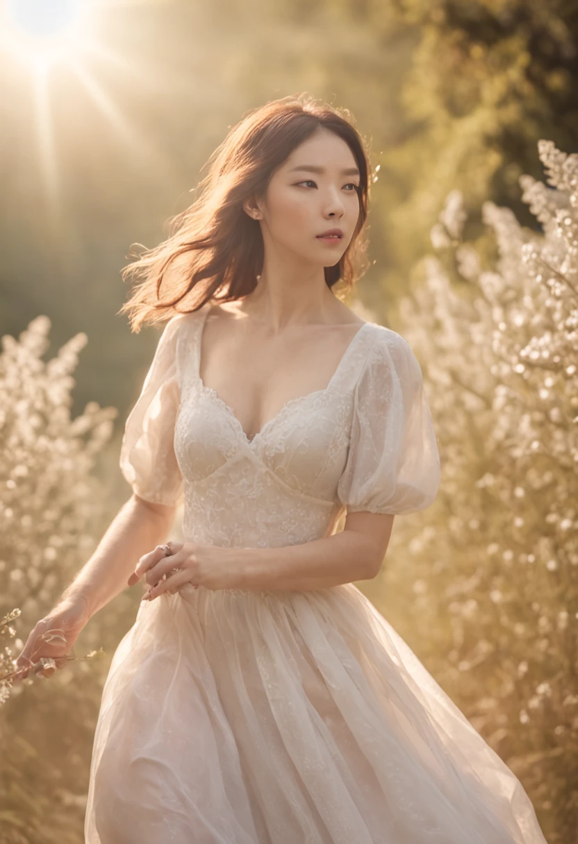 tmasterpiece、top-quality、cinematic Film still from、Morning、stroll。doggy、1girl in、Cloud Girl、floating in sky、closeup cleavage、with light glowing、blissful、Fresh morning sun、(Spark:0.7) 、stroll、Landscapes
