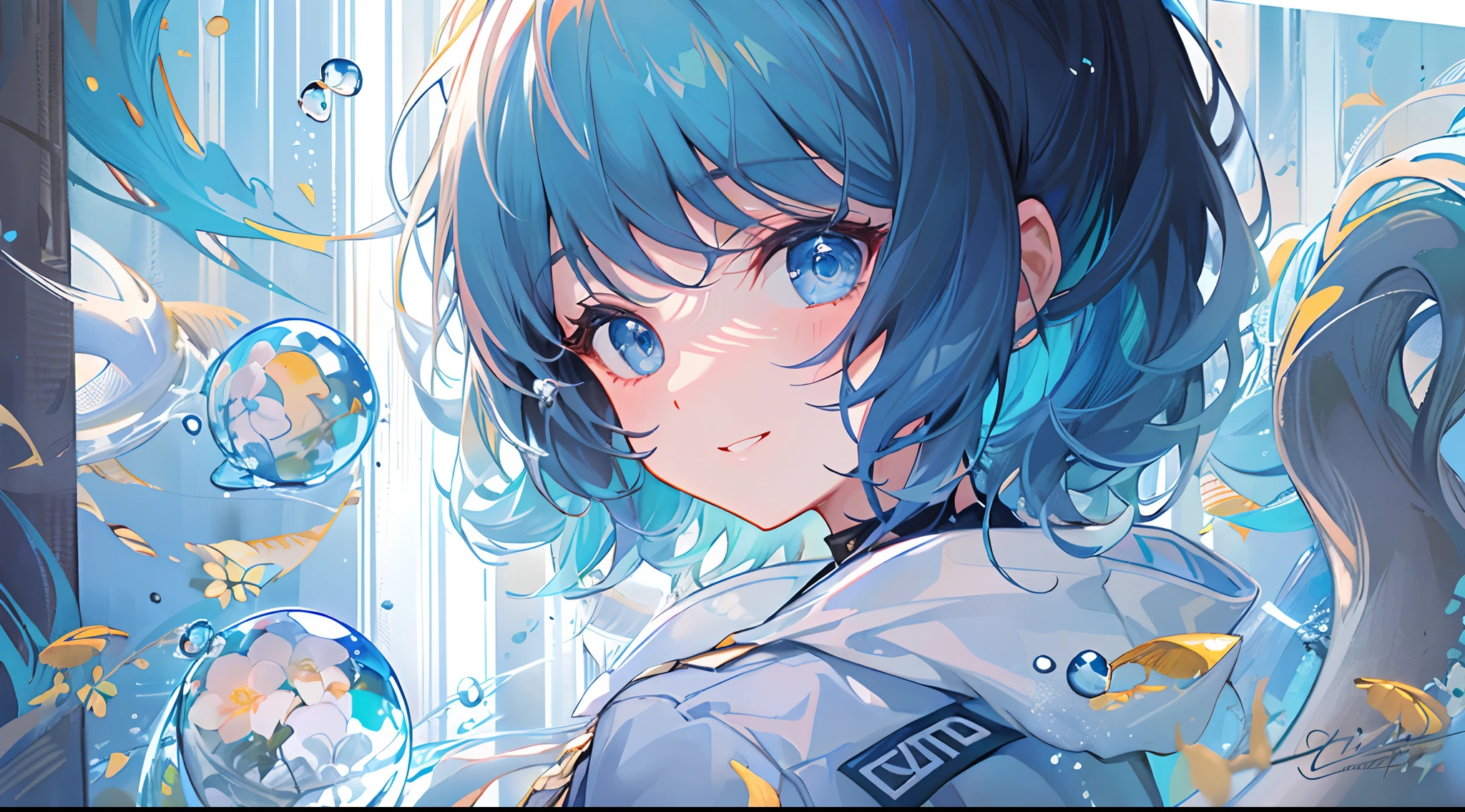 ((top-quality)), ((​masterpiece)), ((ultra-detailliert)), (extremely delicate and beautiful), girl with, 独奏, cold attitude,((Black jacket)),She is very(relax)with  the(Settled down)Looks,A dark-haired, depth of fields,evil smile,Bubble, under the water, Air bubble,bright light blue eyes,Inner color with light blue hair and dark blue tips,Cold background,Bob Hair - Linear Art, shortpants、knee high socks、White uniform like school uniform、Light blue ribbon ties、Clothes are sheer、Hands in pockets