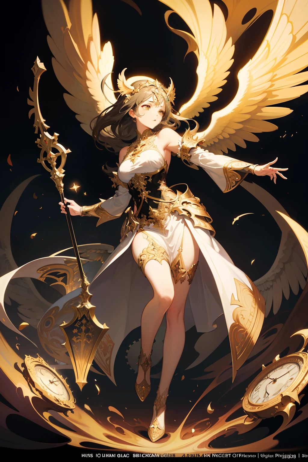 (masterpiece, top quality, best quality), (full body shot:1.5), dynamic angle,(holy angel with six_black_wings:1.6),(a lot of clocks:1.3) full of the background,long white_dress,glowing golden_eyes,(otherworldly hues:1.2), surreal landscapes,BREAK,style of Alfons Mucha,eye-catching, isolated blurred background,depth of field, Baroque style, ornate details, dynamic movement, emotional intensity, opulent textures, dramatic lighting, rich colors