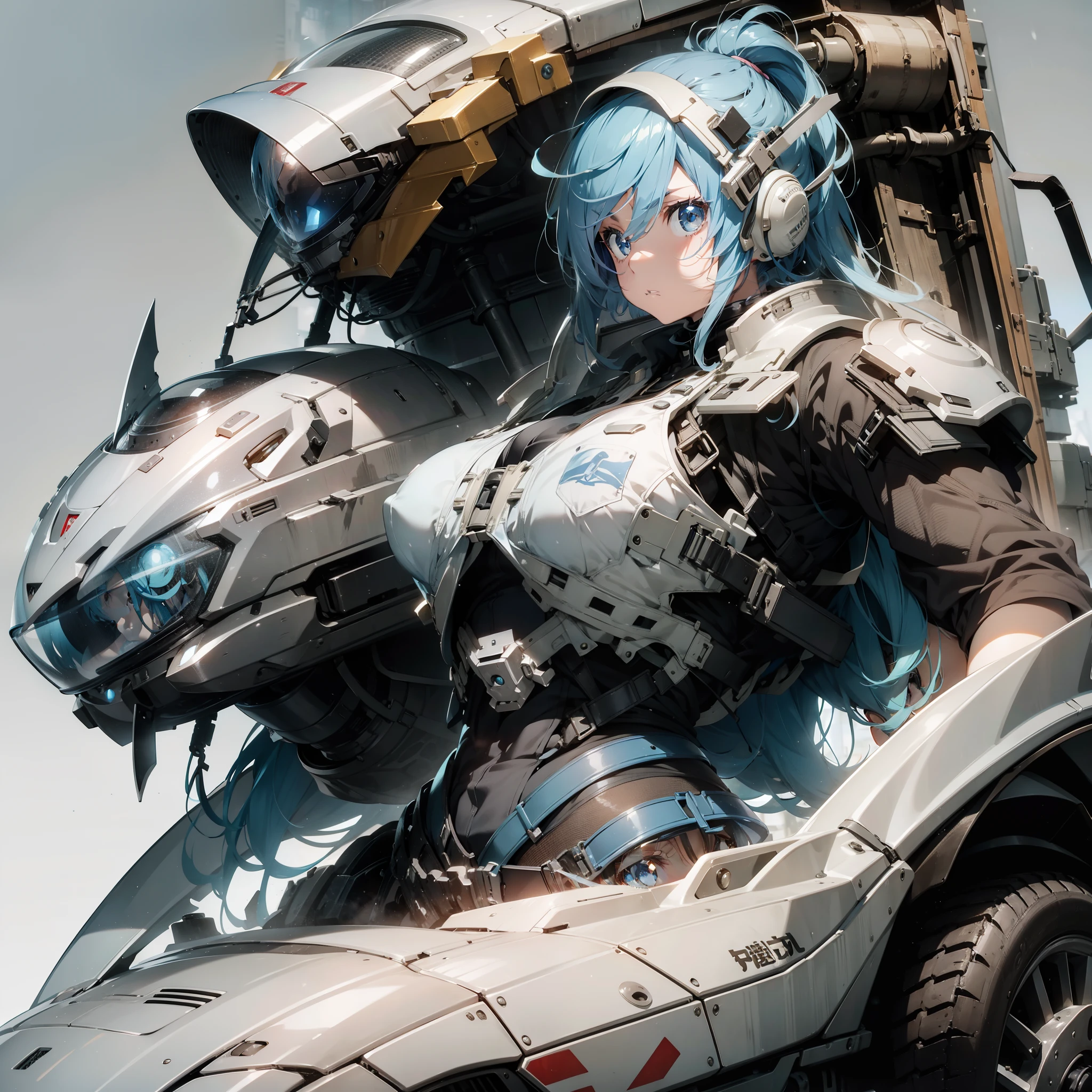 Beautiful short light blue hair girl riding tank、Forehead、Sharp Eyebrows、big eye、Dark eyelashes、bulletproof vest、helmets(highestdetailed)、(Top image quality)、(masterpiece)
