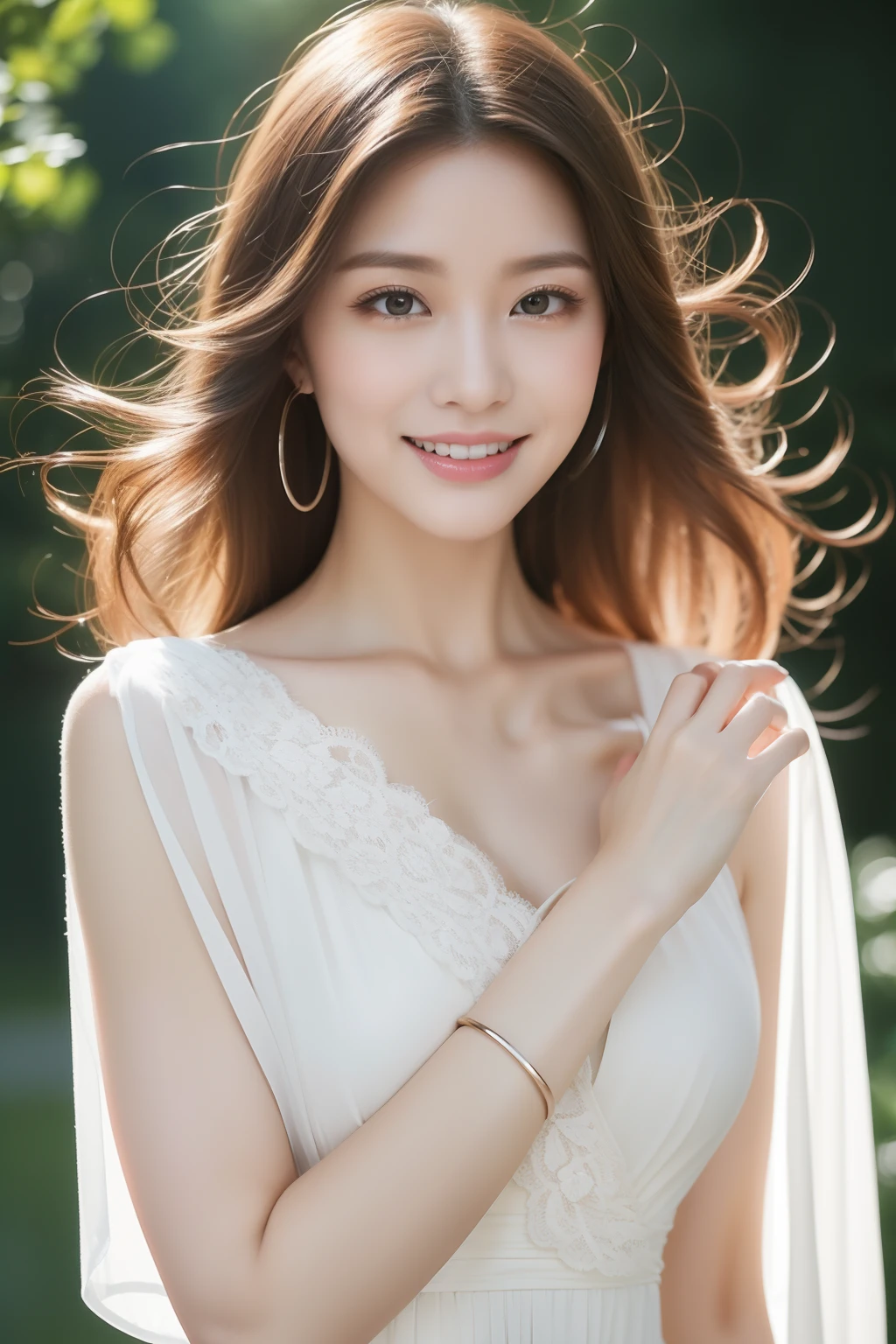 (8K,realisticlying,Real Human,poster for,Very detailed faces,动态照明)Greenish-yellow hair,Jellyfish head She is graceful,It's like a work of art。Elegant curves outline her slender figure,The moving gesture shows her inner confidence and pride。Long hair is as smooth as a waterfall,Gently draped over slender shoulders。The slight curl creates a feminine layering,It makes people feel a touch of elegance。The facial features are delicate and three-dimensional,Picturesque eyebrows,The crooked eyes shone with wisdom。Long eyelashes flutter like butterfly wings,Add to her overall feminine temperament。The makeup is light,Meticulous and meticulously crafted。The light foundation gives her skin a healthy glow,A slight pink softness between her lips set off her smile。Wearing a loose snow-white dress,The soft fabric dangled gently over her slender body,Gracefully reveals her curves。The sleeves are punctuated with delicate lace,It adds a bit of romance。On his slender fingers he wears a silver ring,Flashing with a shimmering light。She wears a slender bracelet on her wrist,The delicate pearls shine warmly in the sun。Step on a pair of well-designed heels,The delicate leather shows a sense of premium。The upper is punctuated with delicate patent leather trims,Shimmering with a charming light。Walk through lightly,Like a dancing elf。She demeanor gracefully and freely,It's like an intoxicating picture,It's awe-inspiring,Revel in it。