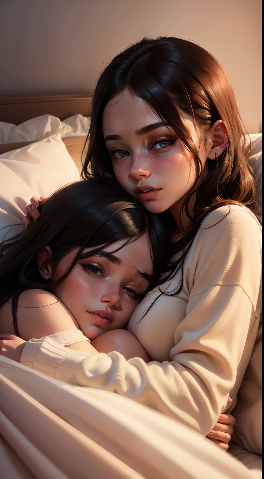 The painting style is delicate,The two girls fell asleep,long whitr hair,morandi color,pyjamas,ta style