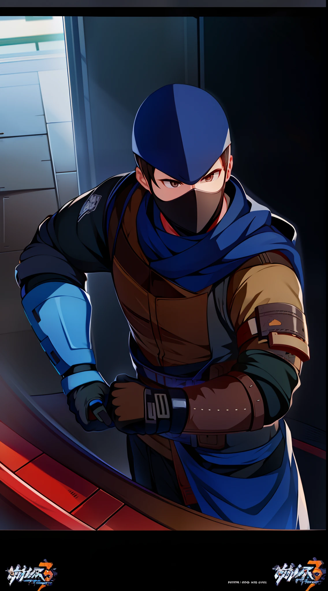 Grown-up guy, ninja, Blue Shinobi Uniform, Brown eyes, mask, Masterpiece, hiquality