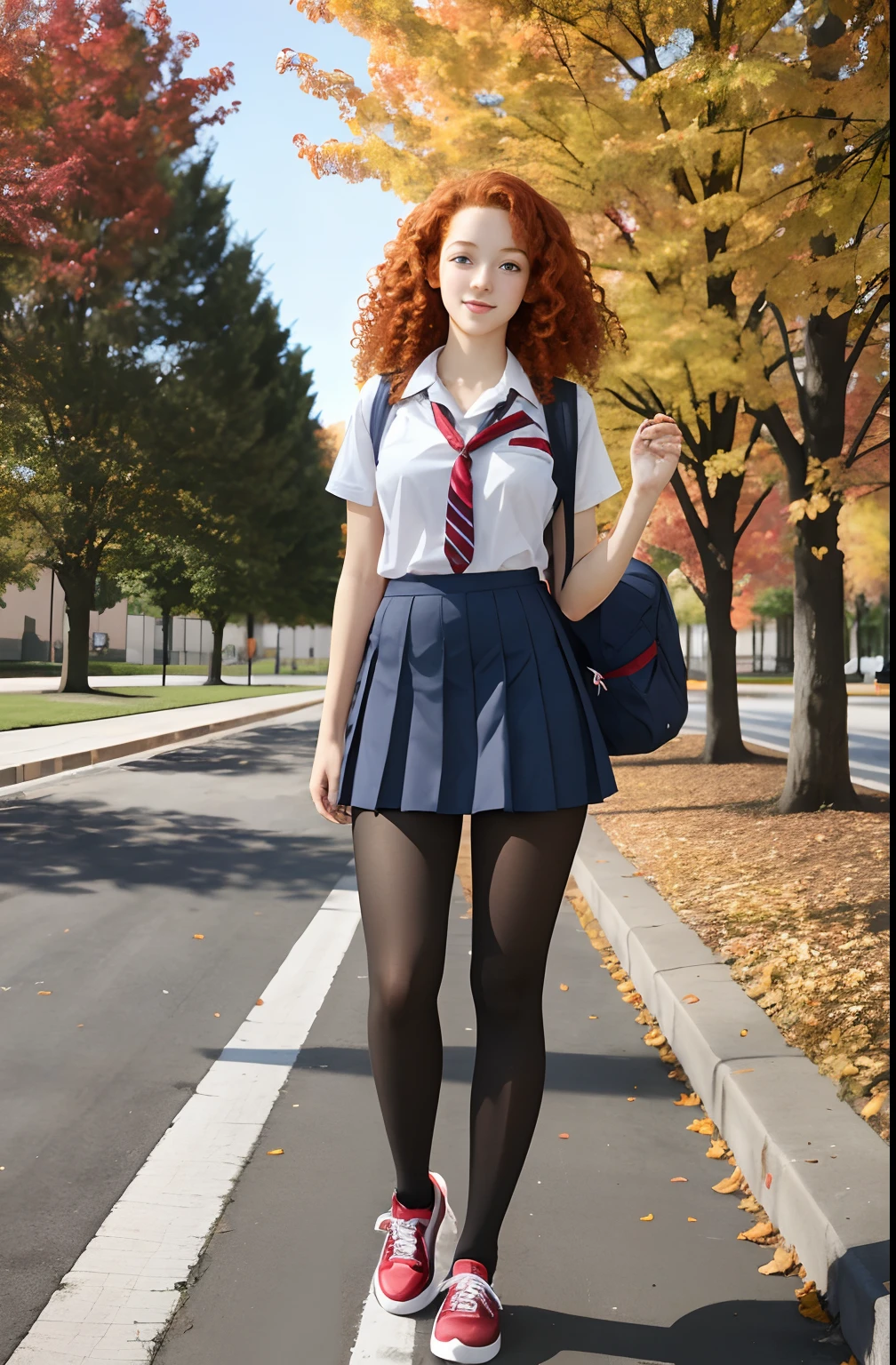 Show entire body, feet in view, curly haired redhead, 18y.o., wearing American school uniform, walking campus with other females, pantyhose, backpack, no shoes,