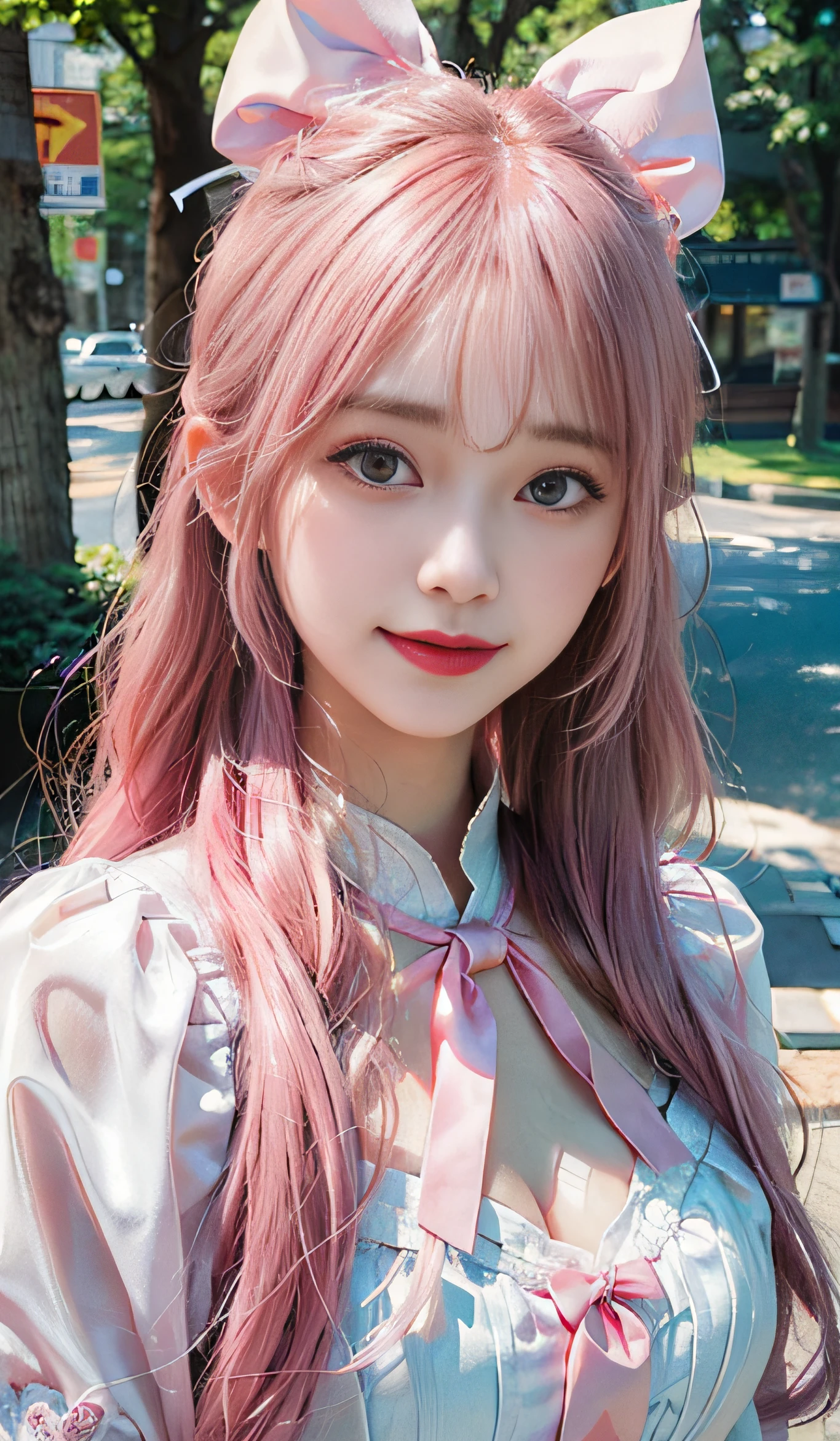 (RAW photography:1.2)、top-quality、a beautiful detailed girl、Double tail with pink hair color、A smile、heartthrob、extremely detailed eye and face、beatiful detailed eyes、hugefilesize、A high resolution、8k wallpaper、finedetail、the wallpaper、Light on the face、电影灯光、16-year-old girl、idol pose、(Foto realism:1.4)、illustratio、super detailing、tmasterpiece、White hair elasticity、Fluffy dresses，Pink black ribbon