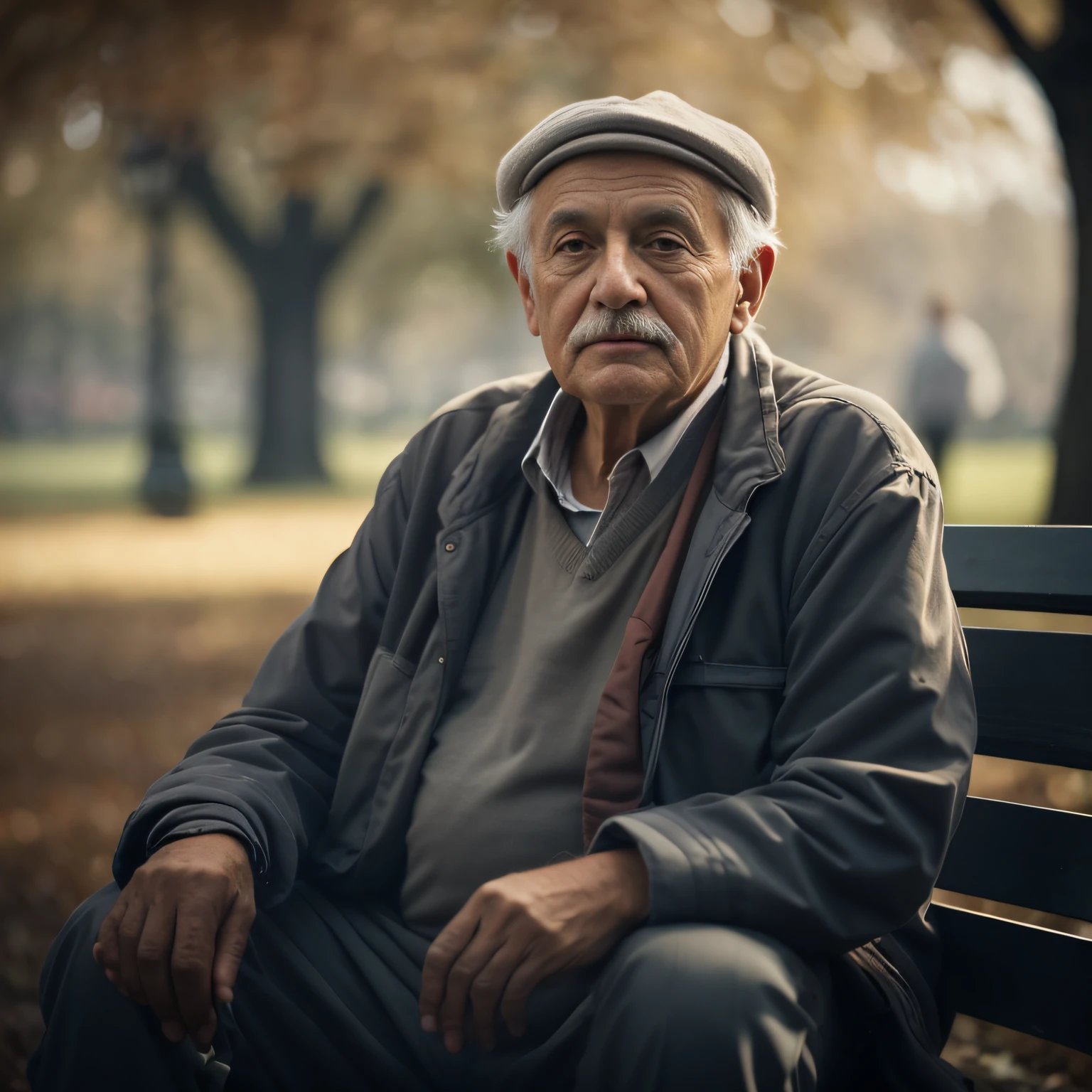 Older man sitting on a bench in a park with trees in the background, foto do retrato de um homem velho, retrato do homem velho, old man, homem triste, um velho, Retrato de 50mm, Directed by: Hristofor Zhefarovich, O olhar de um idoso, color photograph portrait 4k, by Hristofor Žefarović