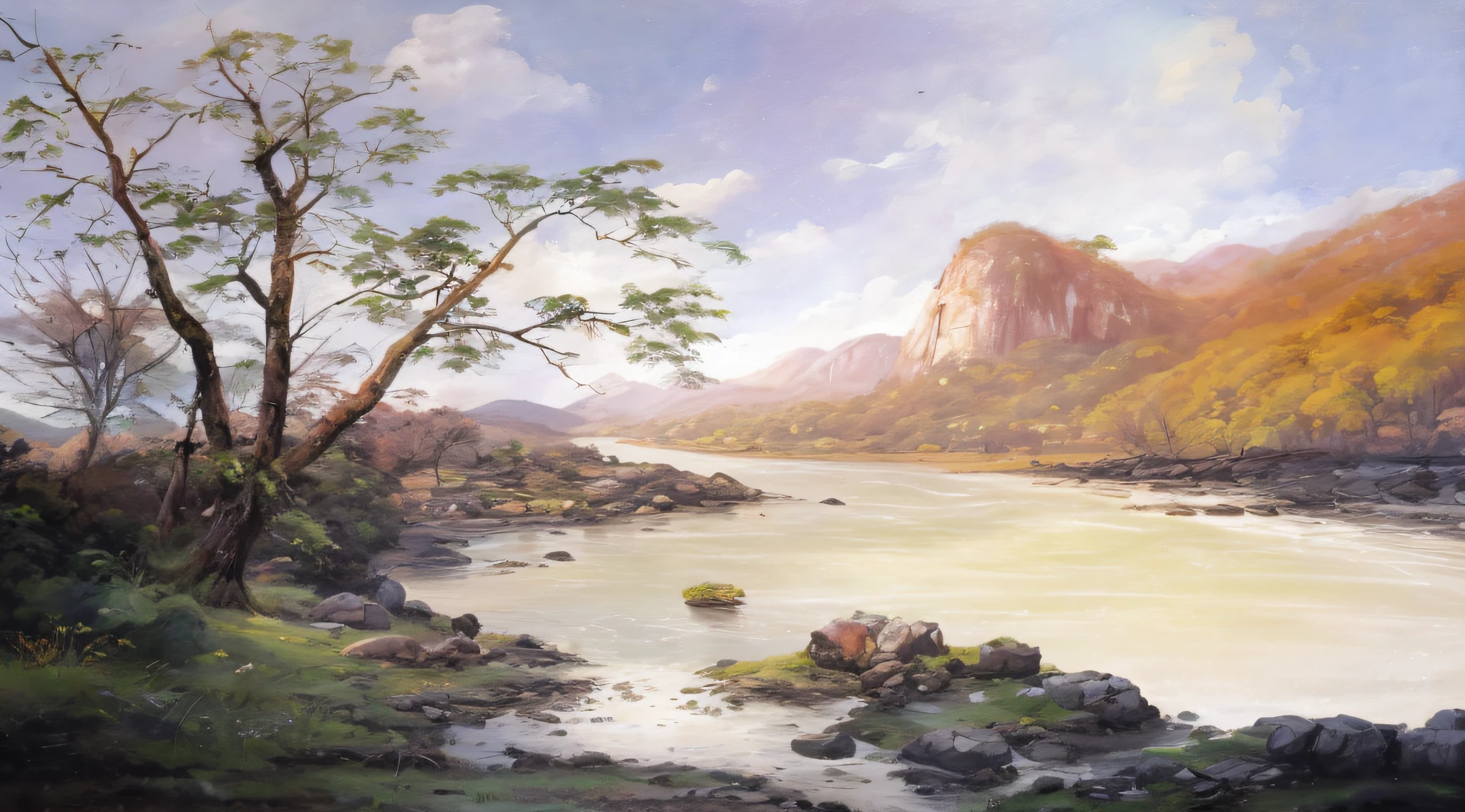 pintura de um rio que atravessa um vale verde exuberante com montanhas ao fundo, colinas fluidas, 8k resolution digital painting, 8k resolution digital painting, Pintura digital 4K, Pintura digital 4k, pintura digital detalhada, baixo detalhamento. pintura digital, Pintura Digital de Alto Detalhe, peaceful landscape, rio, trees and hills, pintura detalhada 4K, pintura digital 4k