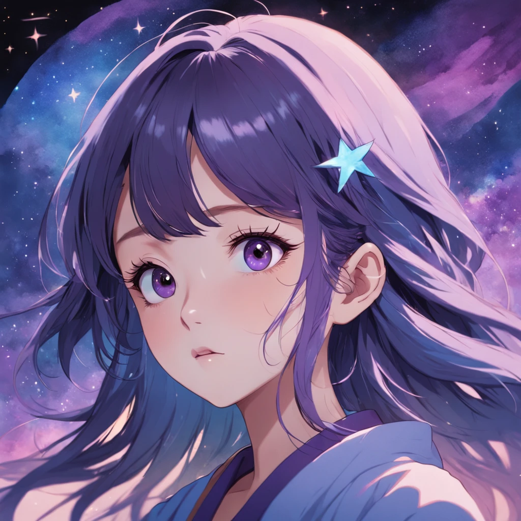 Half-face of a Korean girl, with a realistic stroke style and muted colors using a purple and blue color palette, with the cosmos in the background and stars.