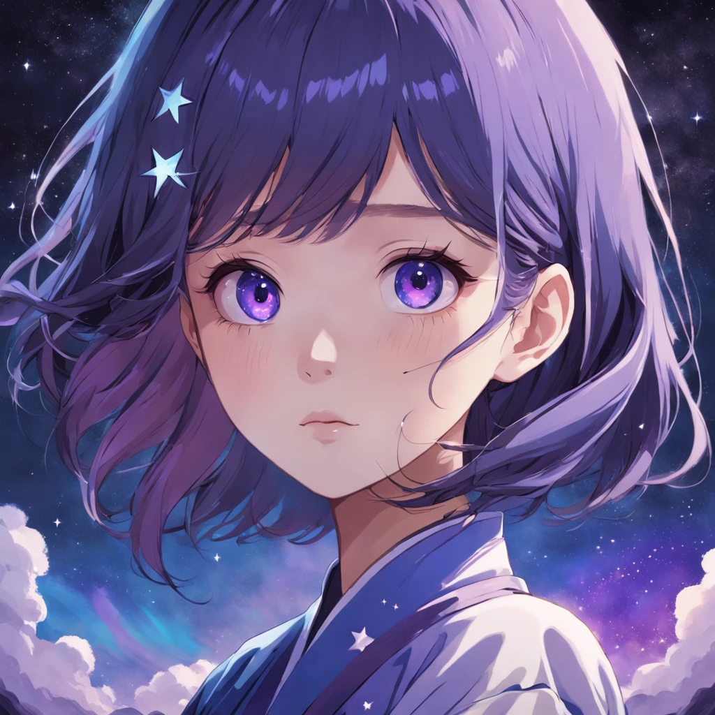 Half-face of a Korean girl, with a realistic stroke style and muted colors using a purple and blue color palette, with the cosmos in the background and stars.