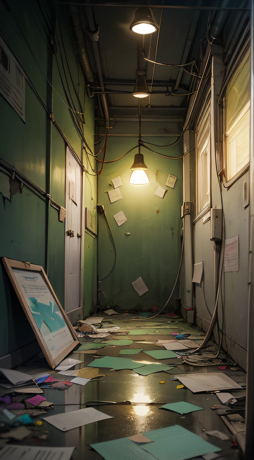 tmasterpiece,best qualtiy,(look from down),(dominant colors:Dark Green),(Secondary color:greys),(,(Suspense environment),worn walls,cracks,electric cables,,Garbage and paper on the floor,pipelines,lightbulb(Volume yellow light),Broken glass for windows,nigth