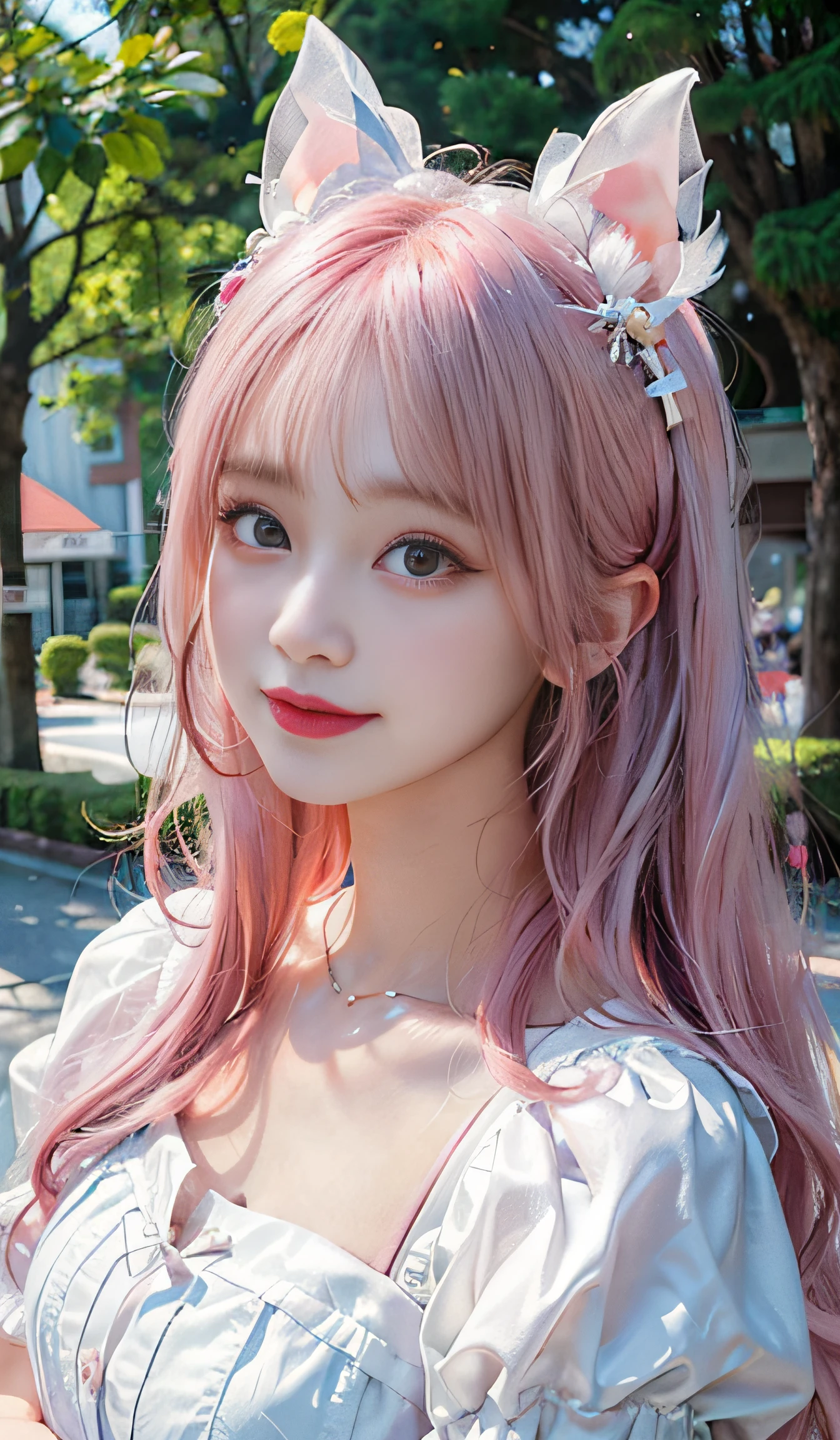 (RAW photography:1.2)、top-quality、a beautiful detailed girl、Double tail with pink hair color、A smile、heartthrob、extremely detailed eye and face、beatiful detailed eyes、hugefilesize、A high resolution、8k wallpaper、finedetail、the wallpaper、Light on the face、电影灯光、16-year-old girl、idol pose、(Foto realism:1.4)、illustratio、super detailing、tmasterpiece、White hair elasticity、Fluffy dresses，Pink black ribbon