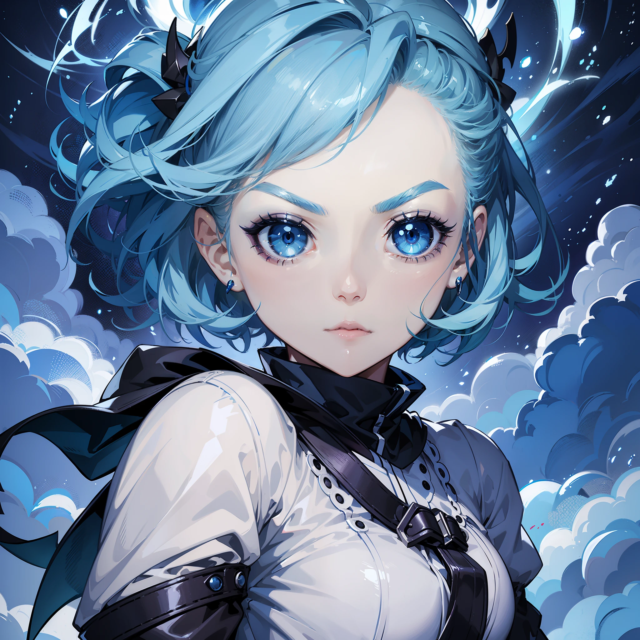 Woman with short light blue hair、Forehead、Sharp Eyebrows、big eye、Dark eyelashes、、Blue-based makeup、（highestdetailed）、（Top image quality）、（​masterpiece）、（Professional Shadow）