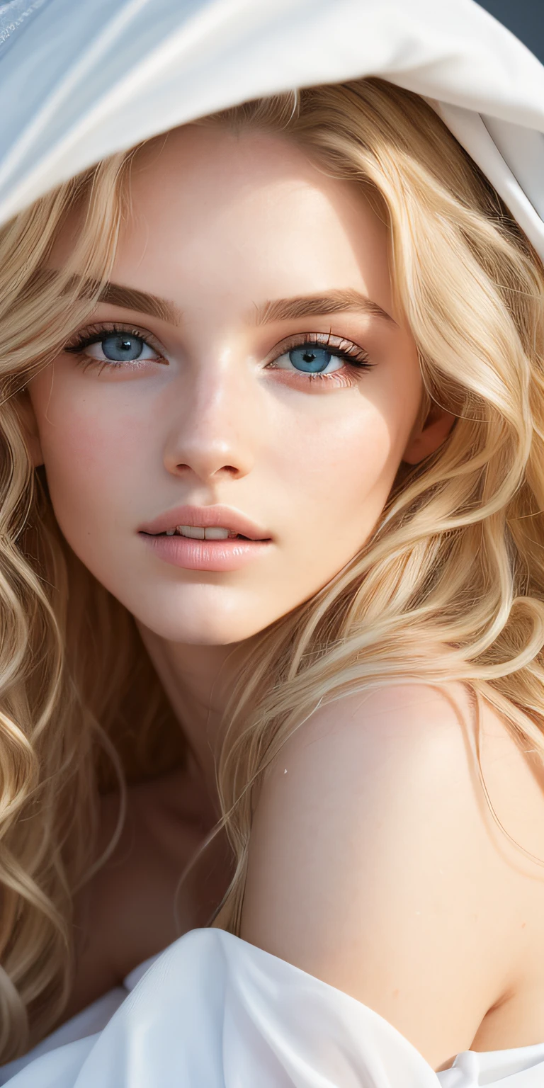 Photo of a 20-year-old European girl, raw, Beautiful woman, (Extra long wavy blonde hair), ((Portrait)), ((Detailed face:1.2)), ((detailed facial features)), (finely detailed skin), pale skin, , wrapped in a sheet, Bedroom environment, Lying on the bed, (cold color), moist, moist, Reflectors, (masutepiece) (perfectly proportions)(photos realistic)(Best Quality) (Detailed) photographed in a Canon EOS R5, 50mm Lens, F/2.8, nffsw, (8K) (Wallpaper) (Cinematic lighting) (Dramatic Lighting) (foco nítido) (Convoluted) Fashion, From  above