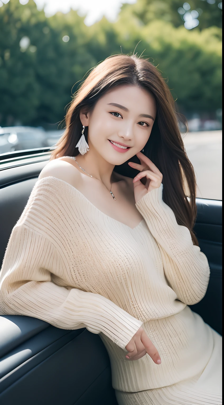 ((Best Quality, 8k, Masterpiece:1.3)), Focus:1.2, Perfect Body Beauty:1.4, Buttocks:1.2, ((Delicate Hair)), (Sweater Dress:1.1) , (Sports car, street: 1.2), Highly detailed face and skin texture, Detailed eyes, Double eyelids, whitening skin, Big breasts, smile, wearing necklaces, rings, people sitting in cars with their buttocks up,