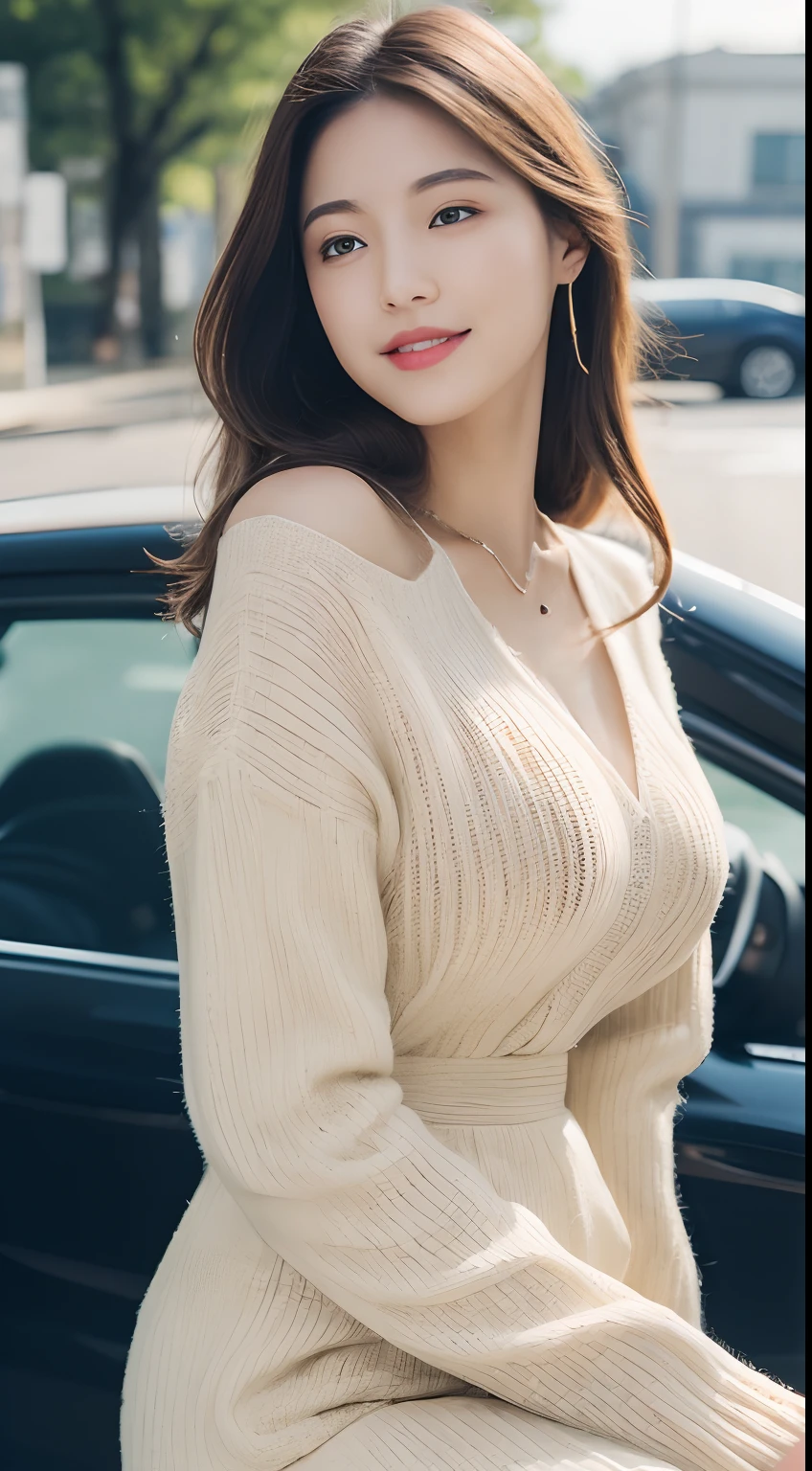 ((Best Quality, 8k, Masterpiece:1.3)), Focus:1.2, Perfect Body Beauty:1.4, Buttocks:1.2, ((Delicate Hair)), (Sweater Dress:1.1) , (Sports car, street: 1.2), Highly detailed face and skin texture, Detailed eyes, Double eyelids, whitening skin, Big breasts, smile, wearing necklaces, rings, people sitting in cars with their buttocks up,
