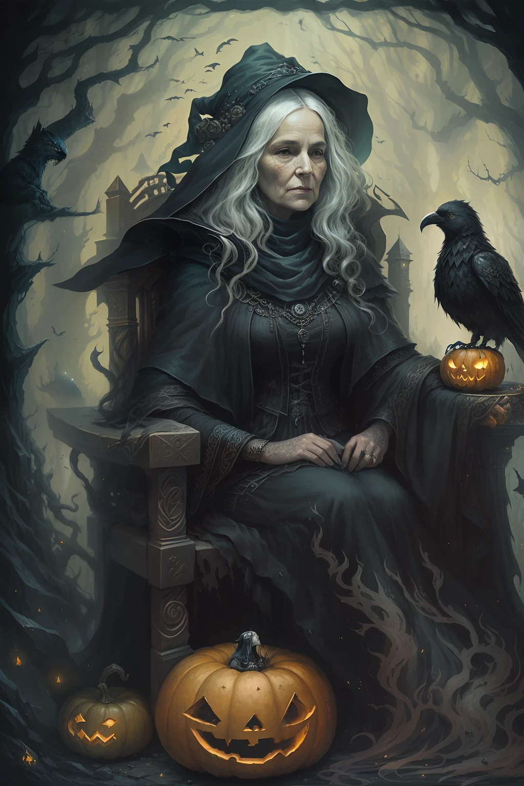 An old witch sat in a chair,Holding a crow in his arms,The old witch's face was wrinkled like oracle bones,The old witch is an old woman,The old lady's face wrinkled deeply, The old woman's lips were chapped and twisted,The mutilated teeth on the old witch's face were like broken sharp stones,It reveals the devastation of the years and her rich experiences,(tmasterpiece),(best qualtiy), Forcing Allah righteousness,Realist School Details,ultra - detailed, 16k,high definition resolution, Fantasy witch old woman, (1 old woman), 独奏, White hair,cinematric light, cold light, mistic, photorealestic, pumkin,The old witch sat in a chair,Holding a crow in his arms,Holding a crow,Epic fantasy digital art style, Epic Gothic fantasy art style,k hd, artgerm julie bell beeple, artgerm and rossdraws, Fantasy witch old woman, Epic dark fantasy art style, gothic fantasy art, dark fantasy concept art, queen of the underworld, an ominous fantasy illustration, dark fantasy style, fantasy dark art, sitting on intricate throne