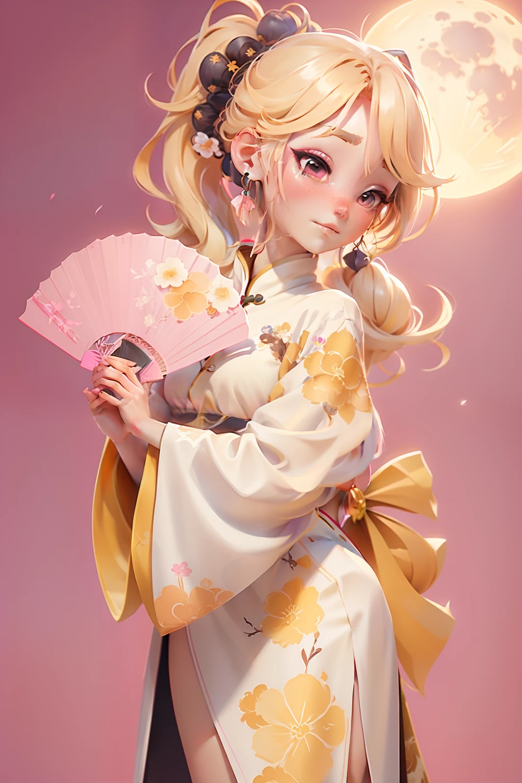 one-girl, Brilliant light,Colorful paint background,Masterpiece, Best quality, 8K, Cinematic light, 超高分辨率,full bodyesbian,Double ponytail,Yellow hair,Pink Hanfu,China-style,Fan in hand,Moon earrings,