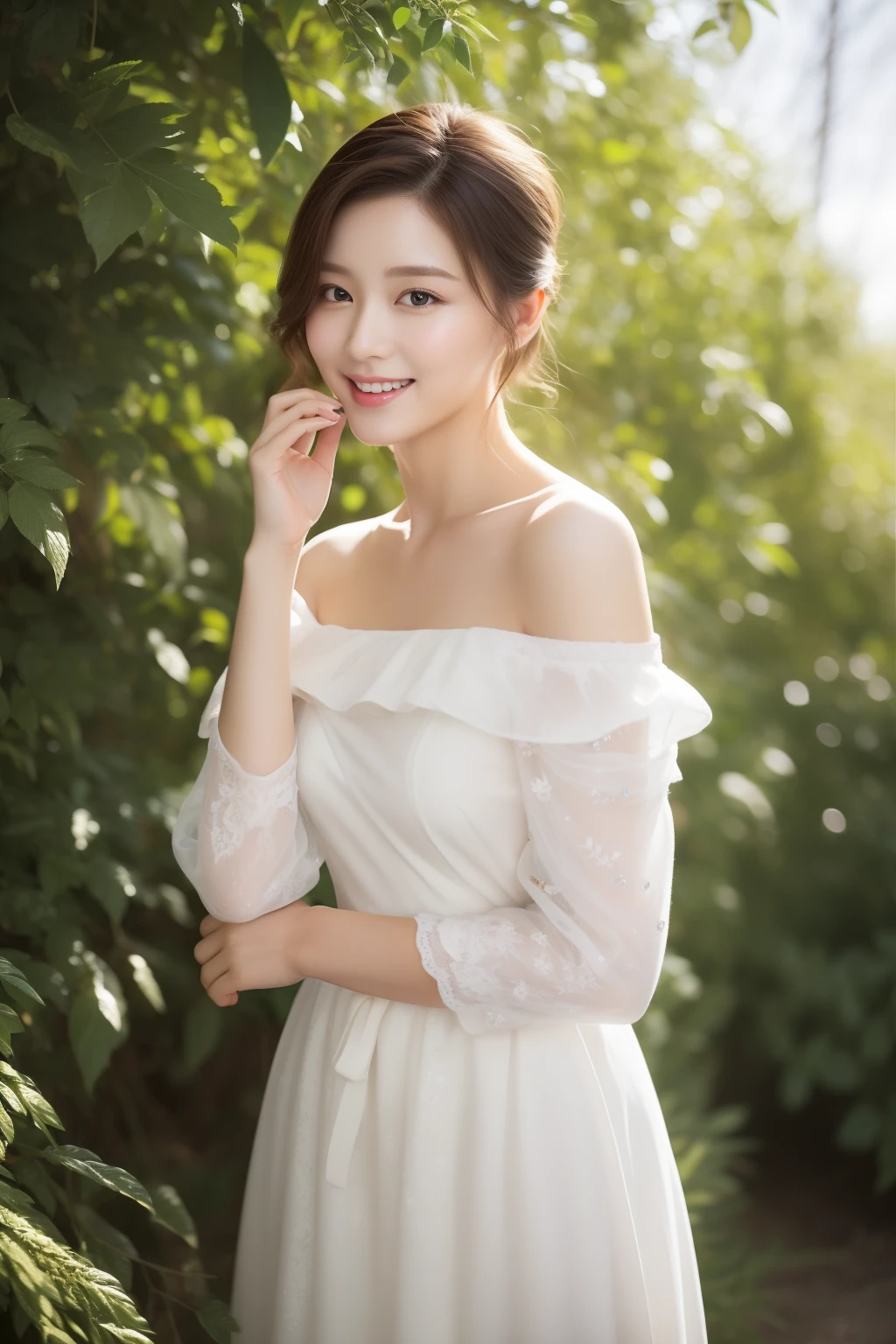 (masterpiece, best quality:1.1), (8k, raw photo, photo realistic:1.2, f22), (shiny skin), detailed skin,long hair,ribbon,detailed face, detailed eyes,smile,BREAK, real world, intricate details, smil, BREAK, 1girl, full body,(shortsleeve,dress,race,Off the shoulder),BREAK, (hydrangea:1.4)