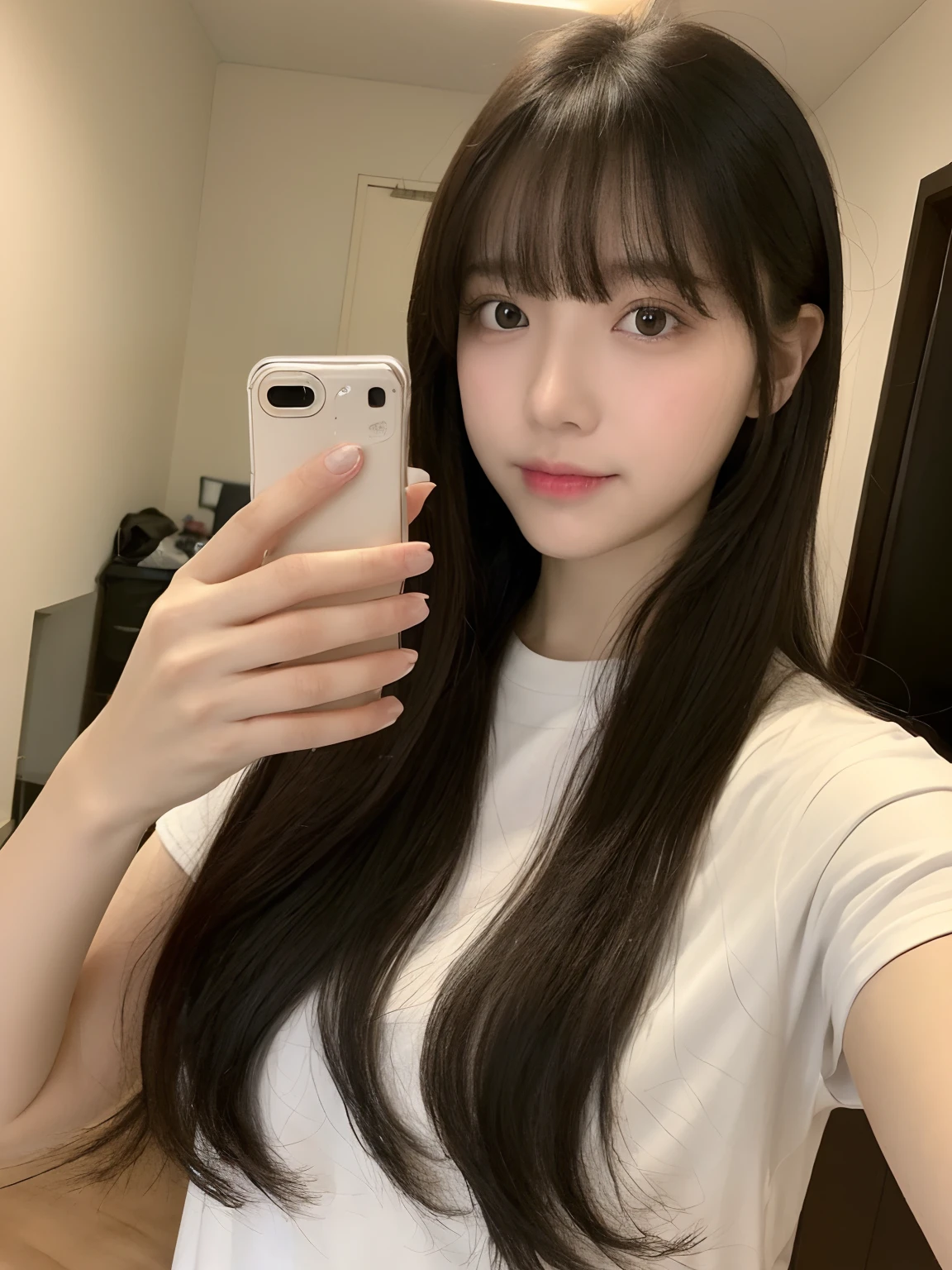 debris flies、highest quality、super fine、Understood、High resolution、8k wallpaper、perfect dynamic composition、(((Full body Esbian)))、((from below))、20 year old cute girl、detailed beautiful face、delicate and cute eyes、fine-textured skin、My cheeks turned red、(straight black hair)、take a selfie with your mobile phone、room、white background、White Room、take a selfie with your mobile phone、small bust、slender、Wearing a camisole