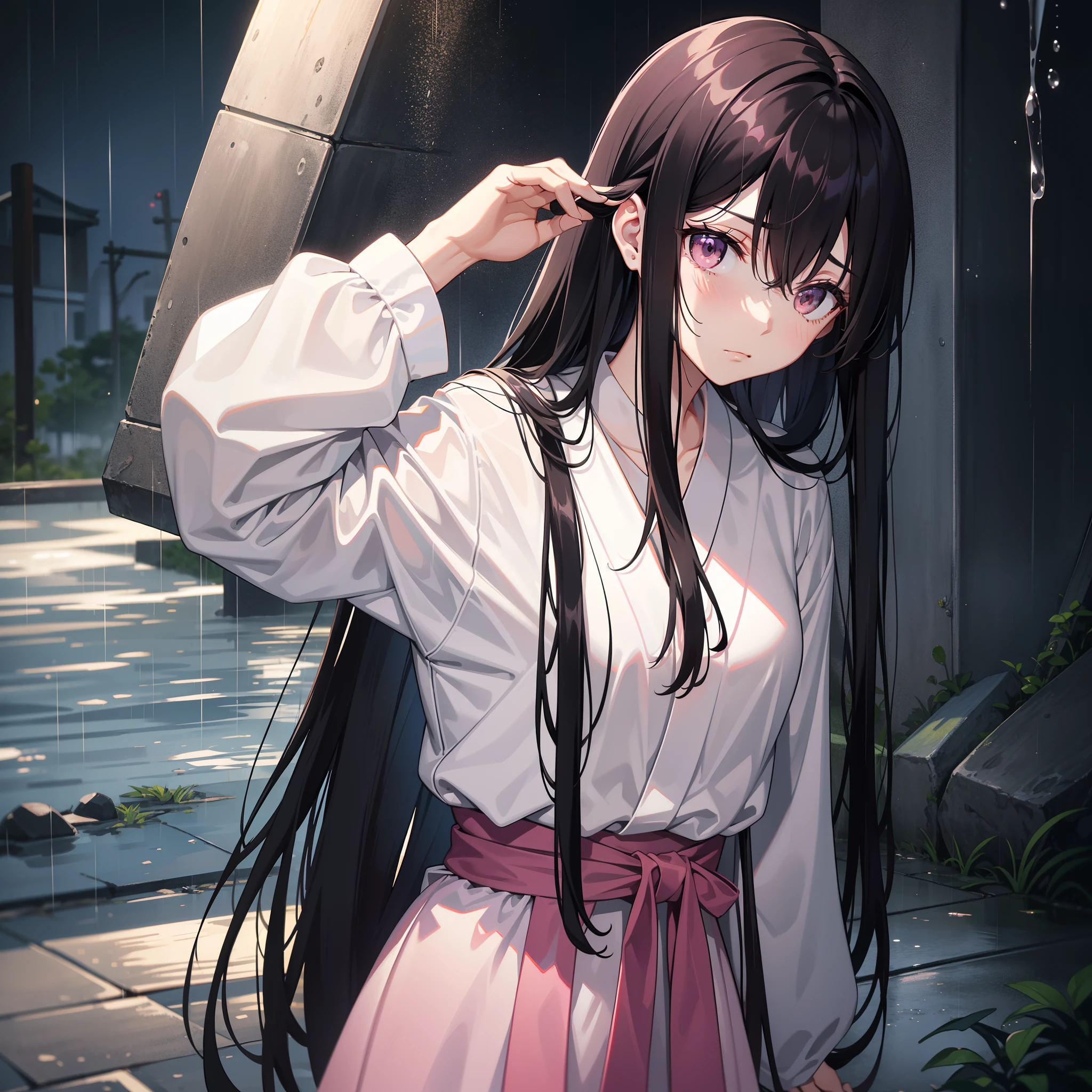 It rained heavily,nigth,Long black hair wet from rain,Pink Long Hair,Desperate look,Raise your head slightly,Hands hung weakly at the sides of the body,Side diagram,校服,roadside