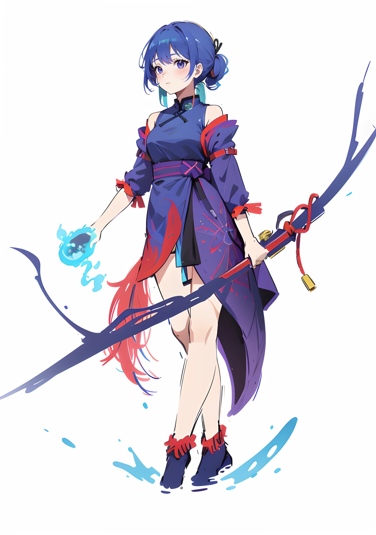 Blue-haired girl with long hair in a ponytail，Dressed in a cheongsam with a purple-red tail，Longbow in hand，Use water element attacks