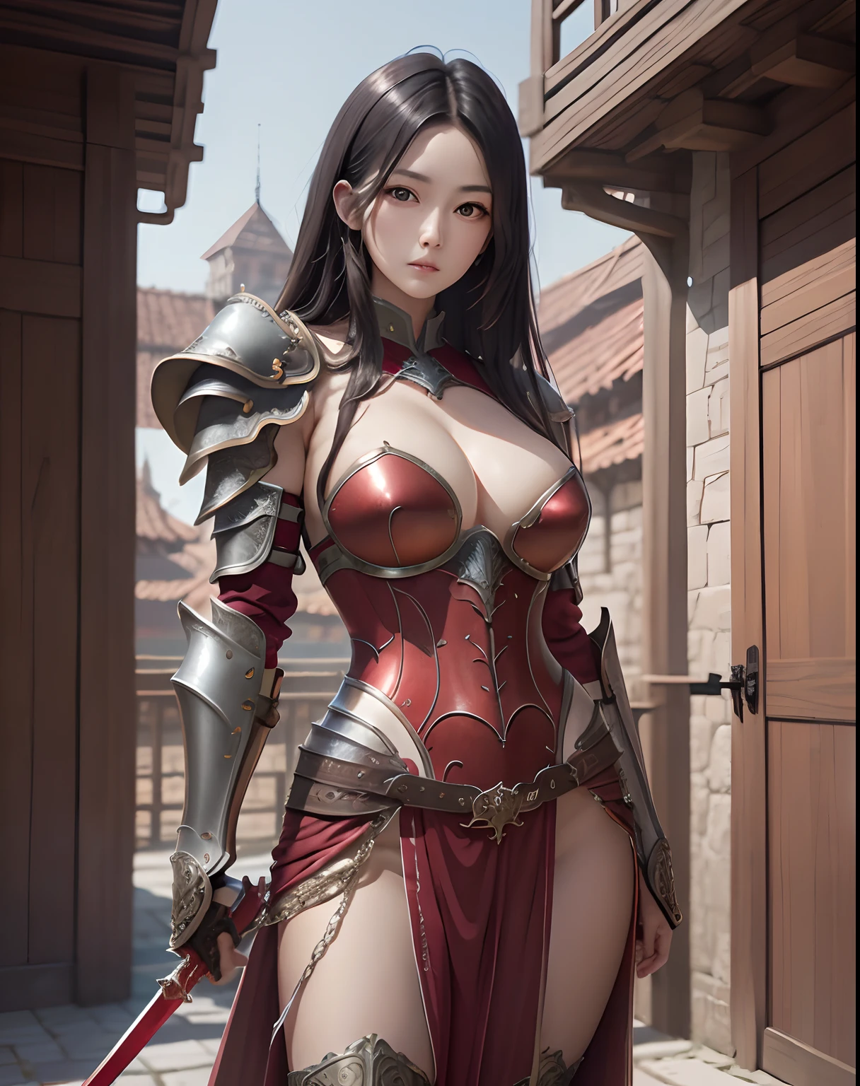 (masterpiece, best quality),(extremely intricate:1.3), (realistic), 1girl, asian, black hair, straight hair, (medieval armor), metal reflections, (((red armor))), outdoors, far away castle, (ornately decorated armor), (insanely detailed, bloom:1.5), chainmail, intense sunlight, professional photograph of a stunning woman detailed, sharp focus, cinematic lighting, blurry background, full body, ((confident)), (Pose:looking at the camera),mecha, hold large two-handed sword, againts dragon