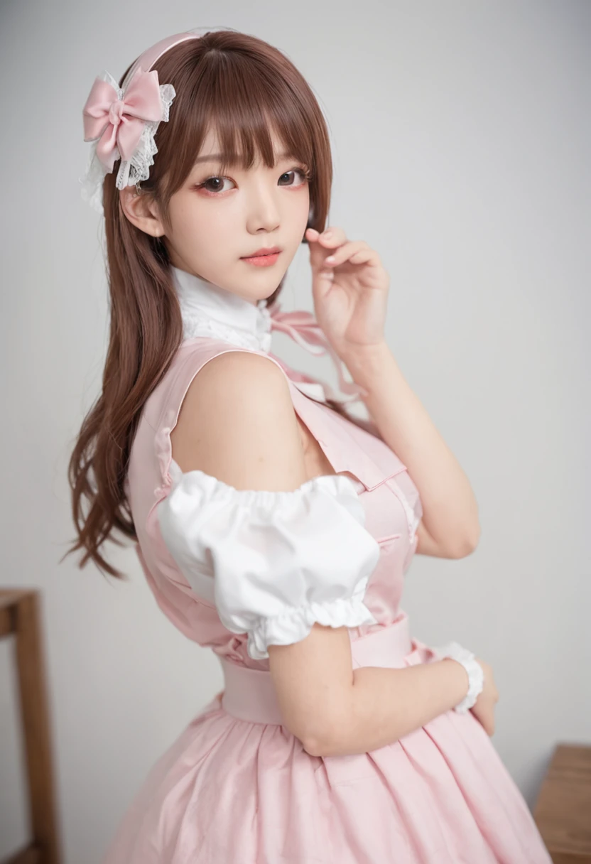 a close up of a woman in a pink dress with a bow, gorgeous maid, anime girl cosplay, sakimi chan, cosplay of a catboy! maid! dress, realistic young gravure idol, anime girl in a maid costume, anime girl in real life, ultrarealistic sweet bunny girl, render of april, sakimichan, kawaii realistic portrait,