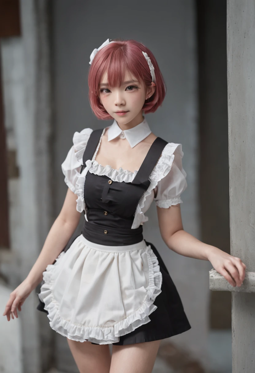 Pink shorthair、Hair is straight、Because of the bangs on the left eye、I can't see my left eye when viewed from the front.、14About the age、His face is Japan person-like.、Red eyes、Maid clothes、White collar independent(Ribbon replaces tie)、Bare skin is exposed on the chest、White boob bag、Black corset girth、Those who have exposed skin、Independent sleeves from upper arm down、Sleeve color is black、The sleeves are white and ruffled、Apron slightly shorter than skirt length from the waist down、The apron is white with ruffled borders、The skirt is black and about 15 cm above the knee、Hanging socks with a garter belt、Socks are white with knee 5cmHeight above degree、Skin is exposed from the hem of the skirt to the top of the socks.、Skinny、小柄、A slight smil、、Black loafers at the feet、Katyusha on the head、The headband has decorations on the white flower buds.5Comes with pieces、The right side of the head is decorated with flowers.、Photorealistic、Skin like a real person、kawaii、small tits、high-level image quality、Large files、Small face