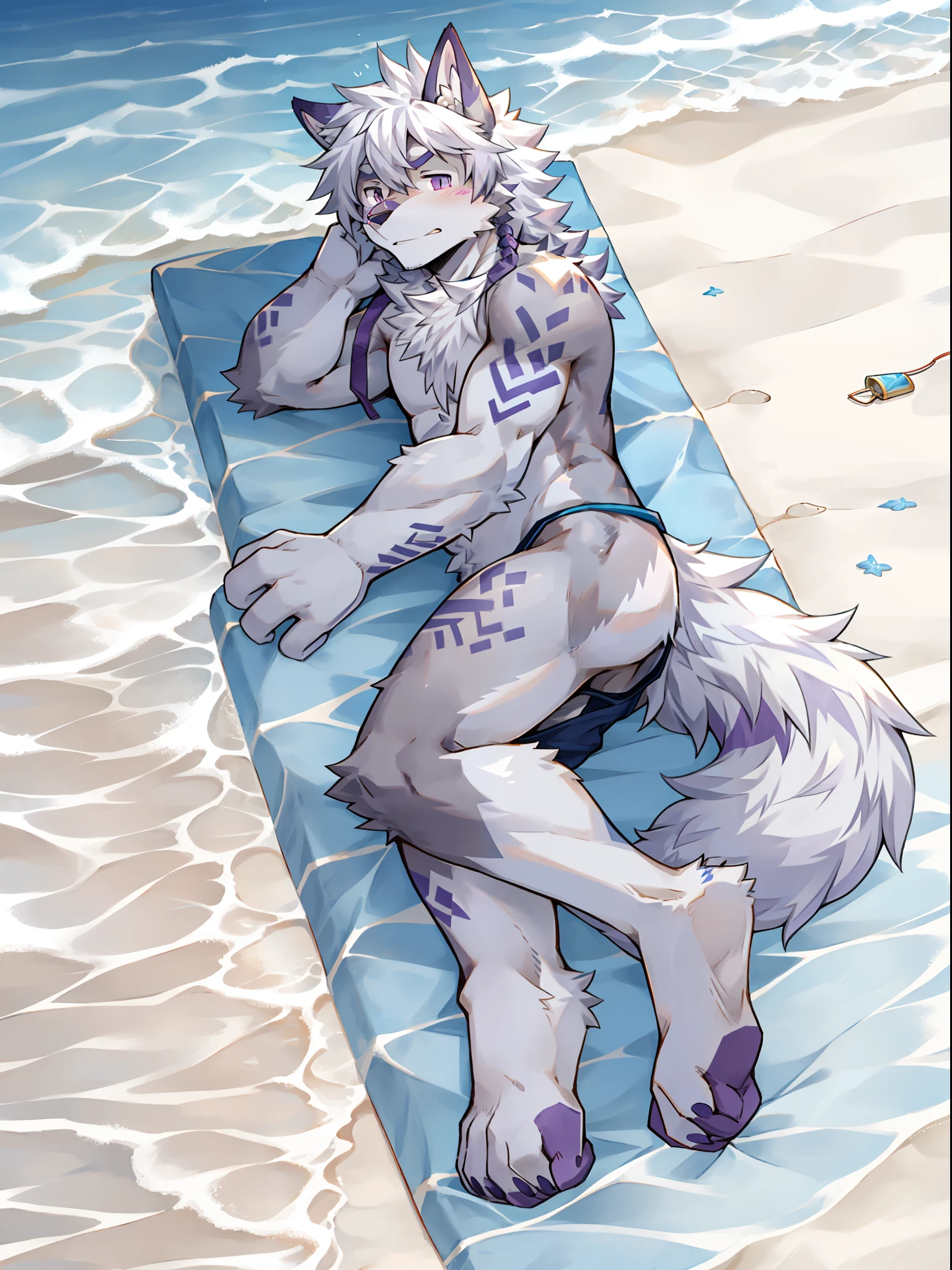 solo person,独奏,Full body like,shaggy male,hairy bodies,Correct male human anatomy,shoun,coyote,canid,Gray fur,long white hair,The ends of the hair are purple,Purple eye,Bullied,adolable,Handsome,large tail,full bodyesbian,sea beach,summer day,rays of sunshine,swim wears,Lie flat on the beach,The waves wash over the body