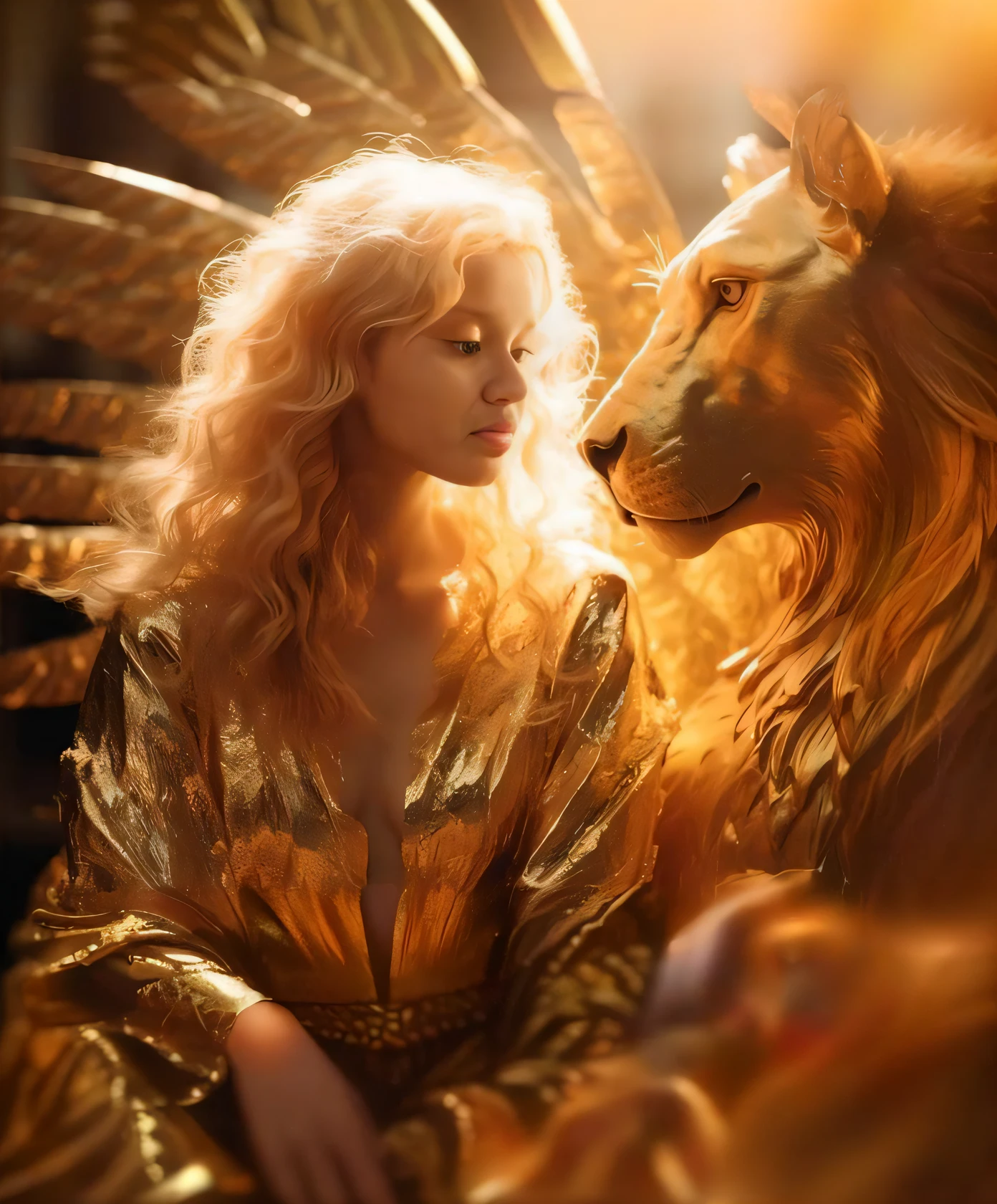 a woman in a golden dress with a lion statue, gorgeous goddess of leo, karol bak uhd, with the mane of a lion, Amano e Karol Bak, banhado em luz dourada, Directed by: Galen Dara, Directed by: Karol Bak, Directed by: Marie Bashkirtseff, Directed by: John La Gatta, Directed by: Derek Zabrocki
