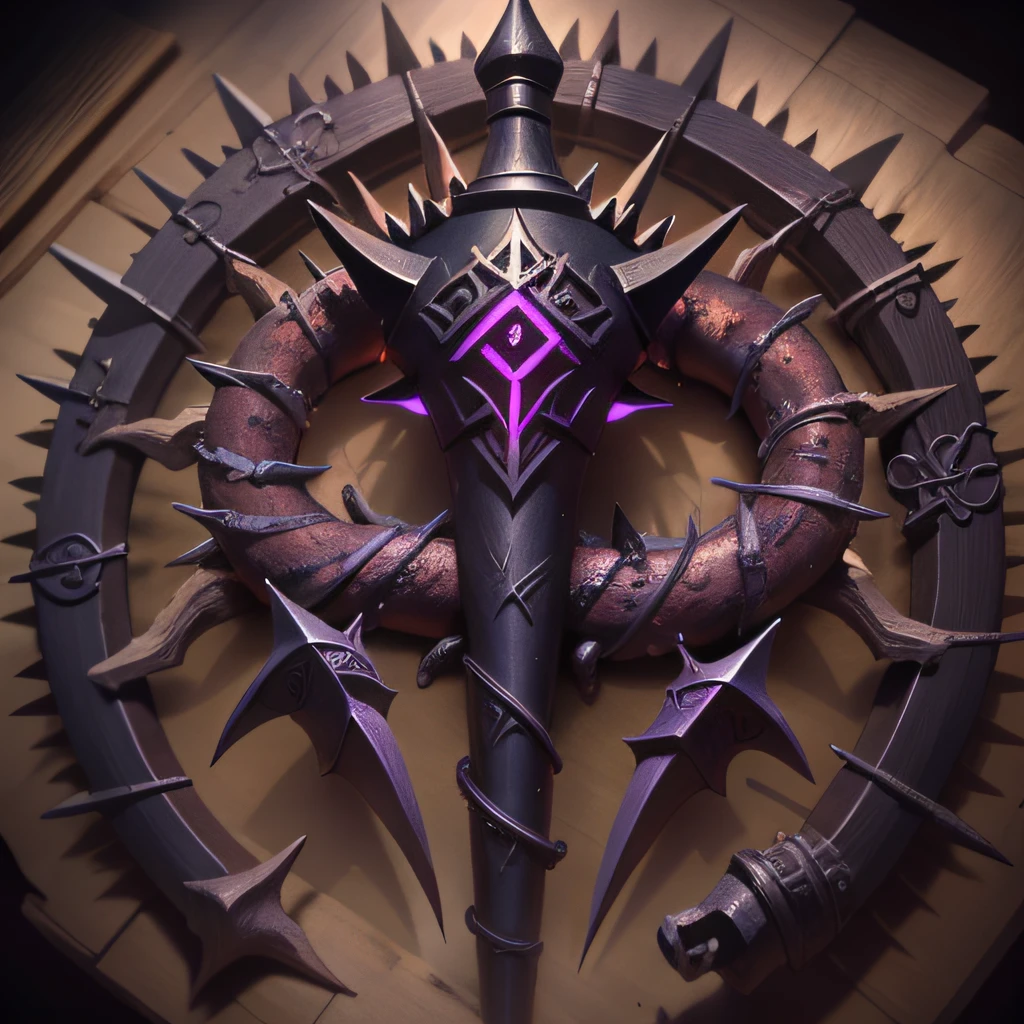 Heavy spiked mace wreathed in writhing shadows, inky tendrils creep along runes of evil power
