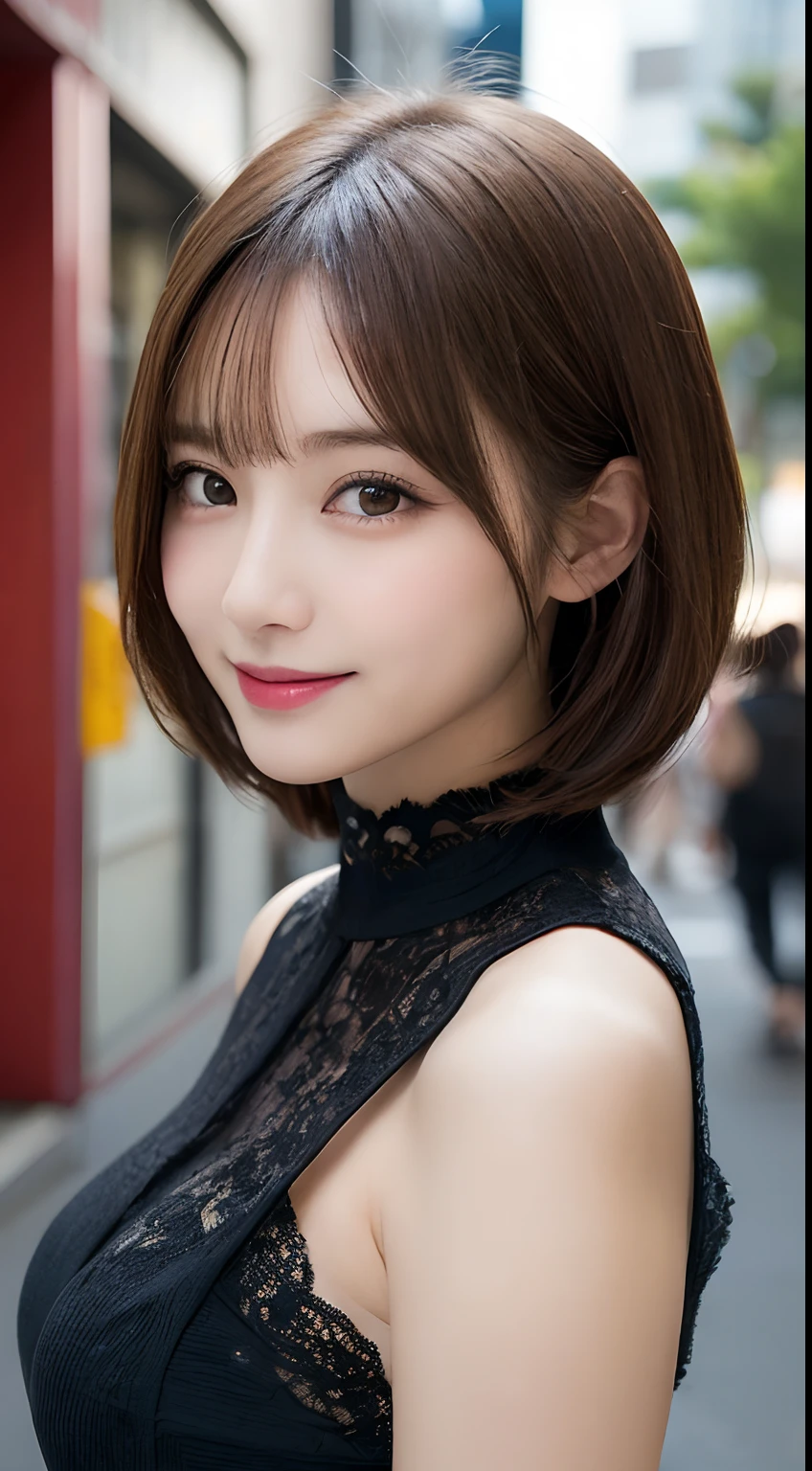 masutepiece, Best Quality, Illustration, Ultra-detailed, finely detail, hight resolution, 8K Wallpaper, Perfect dynamic composition, Beautiful detailed eyes, Women's Fashion,Very short hair,Small breasts natural color lip, Bold sexy poses,Smile,Harajuku、20 years girl、Cute、Sexy shot looking at camera