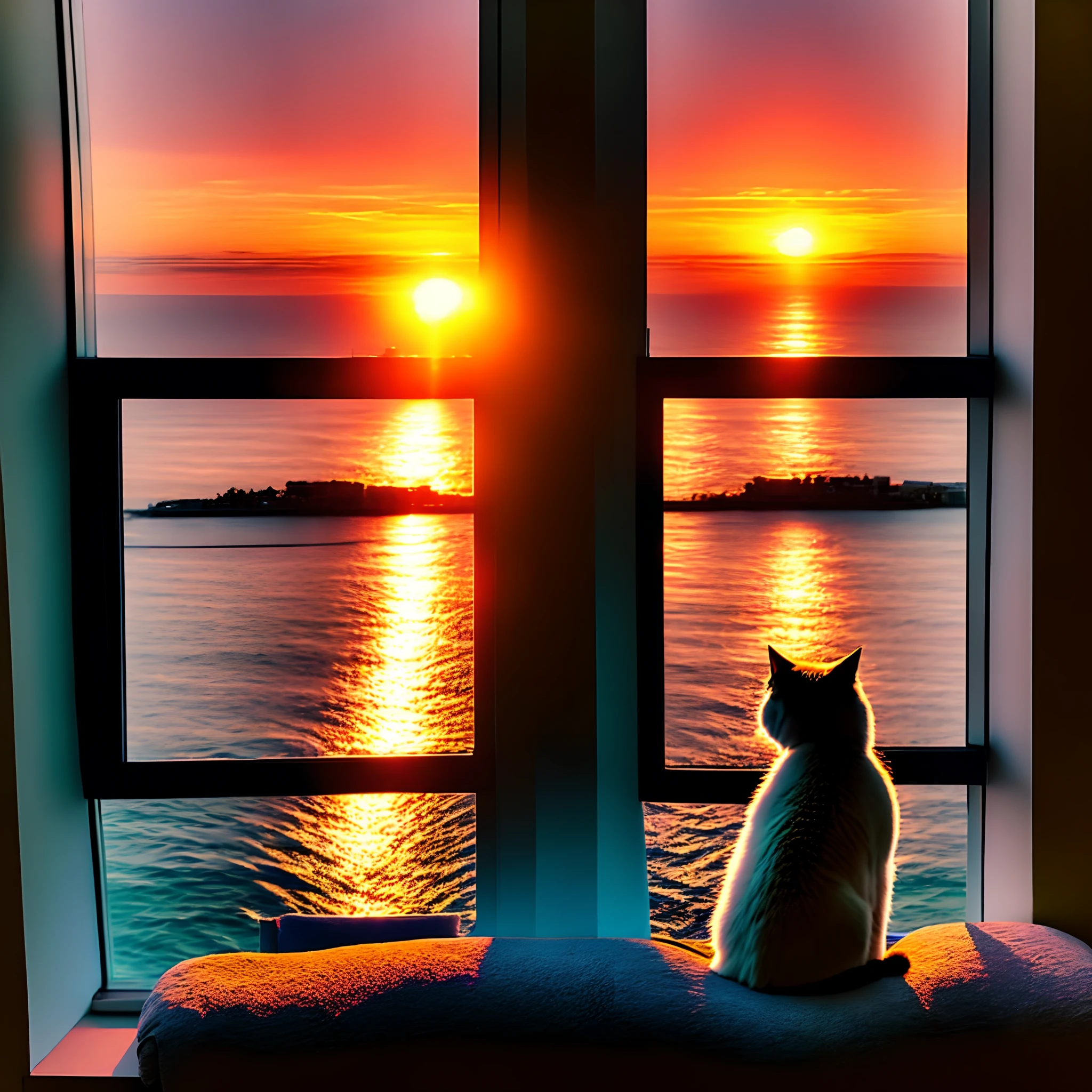 The Alabi cat sits on the sofa and looks out the window at the sea, watching the sunset, Looking out the window, watching the sunset, early morning mood, sunset mood, looking out at a sunset, sunsettime, soft light from the window, watching the sunset. anime big breast, Evening atmosphere, calm afternoon, at a beautiful sunset, cinematic morning light, looking out