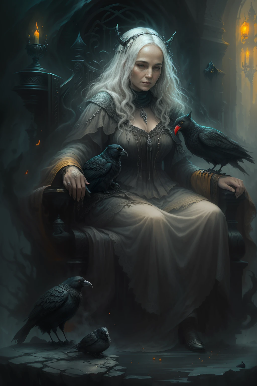 A wise and weathered witch with long white hair, sitting on a velvet-lined Cardelou chair, with a majestic Sonystr Crow perched on her shoulder.
mystical atmosphere, muted colors, enchanting composition, Canon EOS R5 camera, Fujifilm Pro 400H film, 85mm lens, soft focus, Guillermo del Toro, Tim Burton, Terry Gillingham, Alexander McQueen, Vivienne Westwood