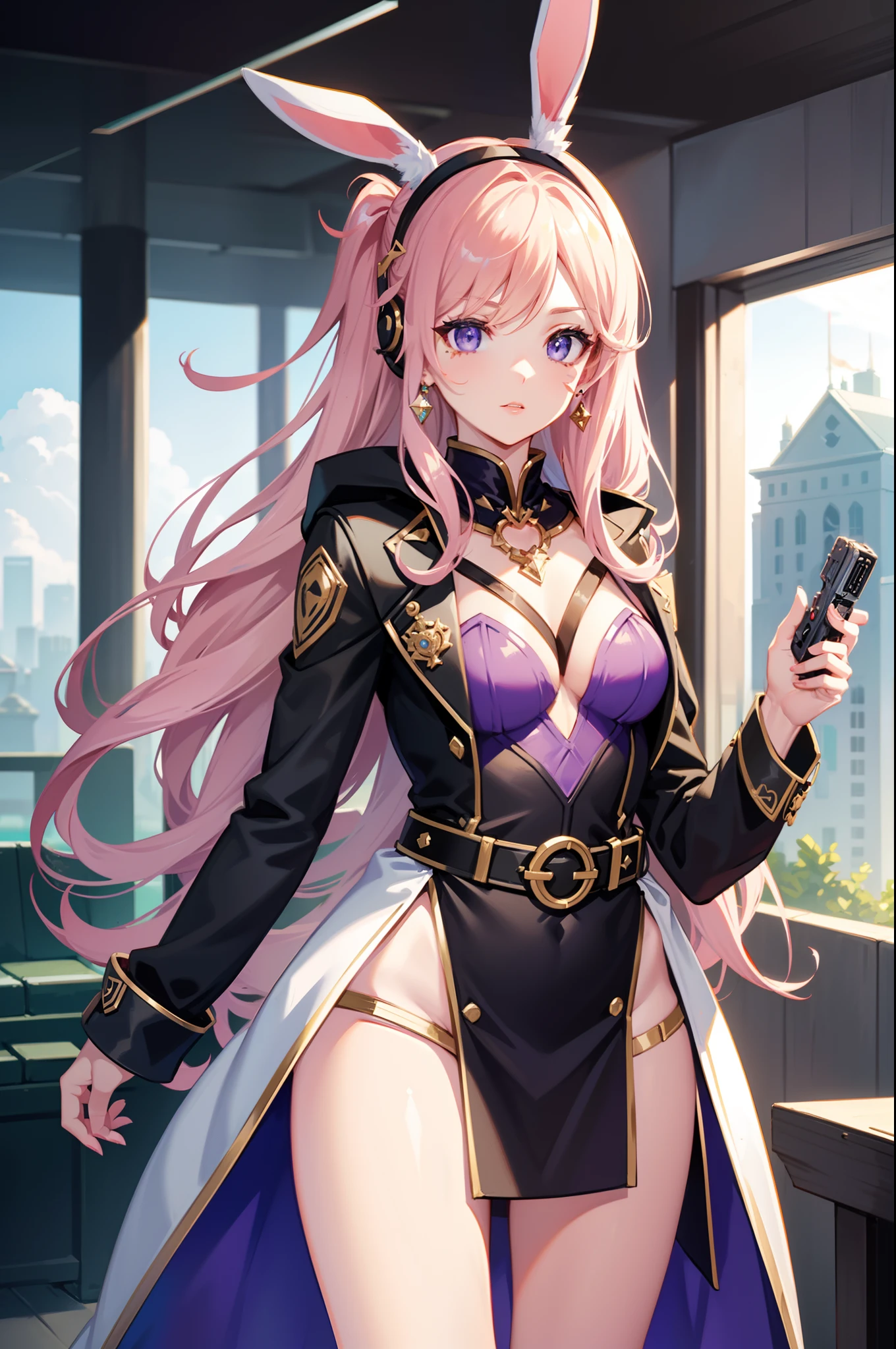 league of legend Battle Bunny Miss Fortune, ((future style coat and dress, main color is white, secondory color is purple, bunny ear, mini skirt, gem tie, super long brown pony tail hair style, future earphone, face sticker, ribbon on hand, earrings, necklace, belt)), brown pupil, idol aura, future style charming effect, game CG quality, masterpiece, perfect body shape, standing on a tower background, holding twin handgun