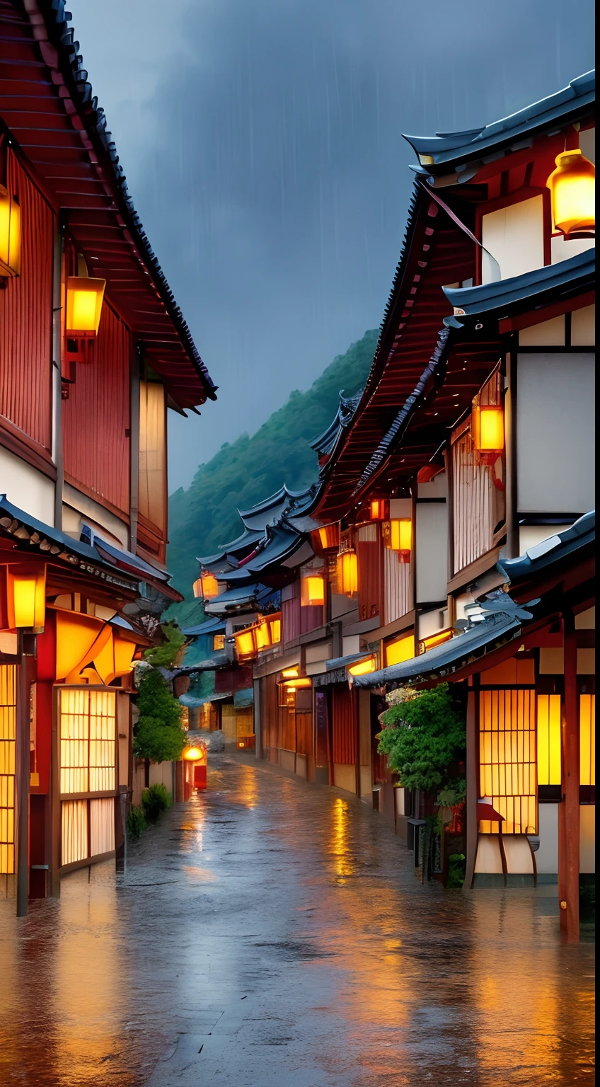 Rough village with many lights on the buildings々Nice view、Skyscrapers on both sides、Chinese Village、amazing wallpapers、Japan、Japan Village、Ultra-realistic town photos、Old Asian Village、japanese city、、rainy evening、beautifully lit buildings、Evening in the rain、Beautifully Aesthetic、a picture、film like、8K、high detal ((Heavy Rain)))