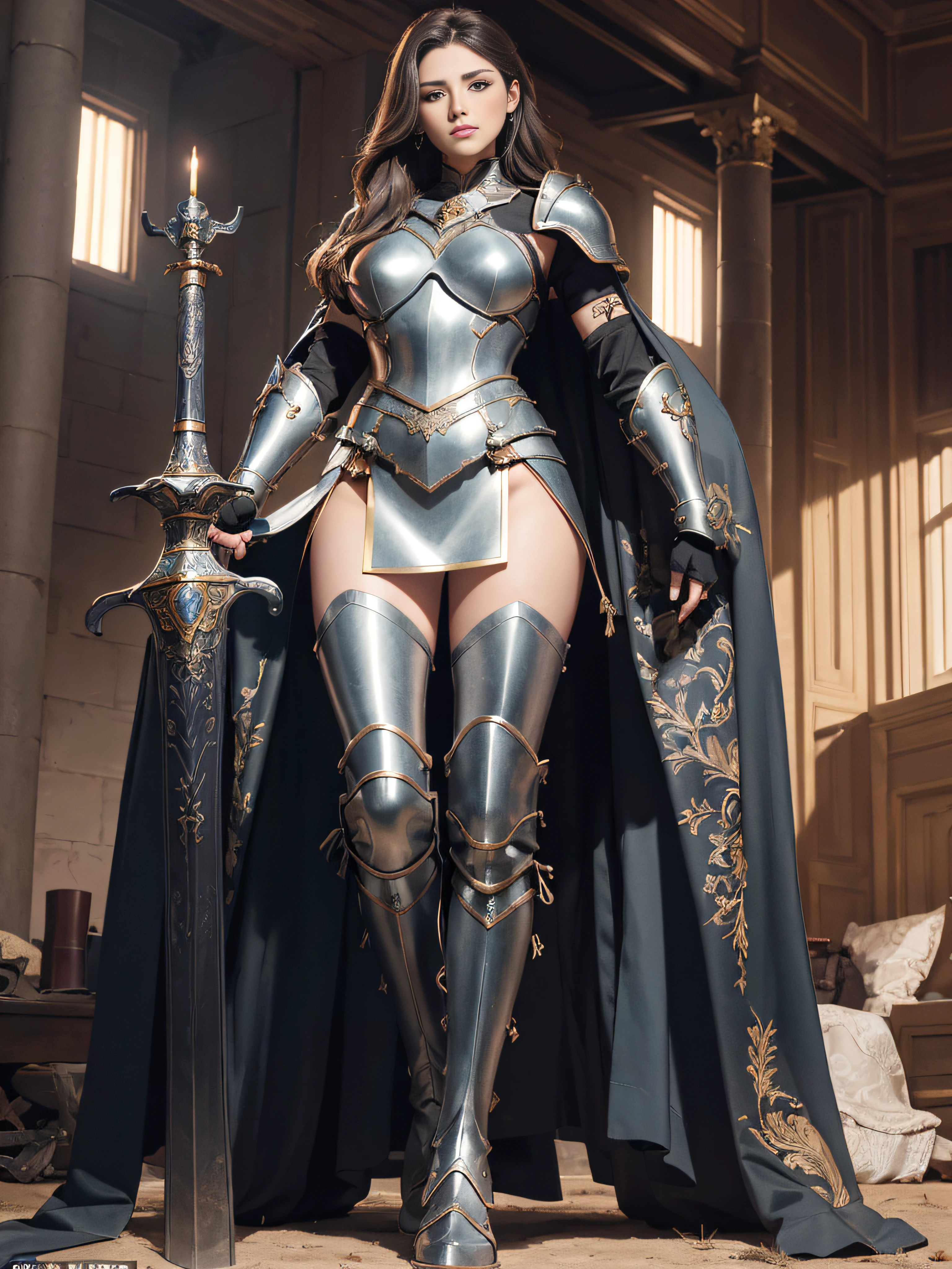tmasterpiece,High-definition CG diagram,Beautiful female warrior,Detailed eyes and face,Tall figure,Full armor attire,Extra-long leather boots,Over-the-knee leather boots,Inside over the knee stockings,Brilliant armor colors,Exquisite decoration,General temperament,Tall figure,Wide buttock,Thick legs,A majestic sight,Stand in the war