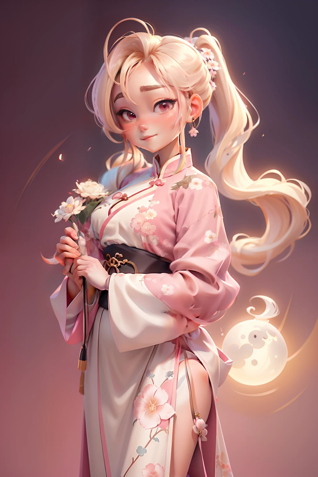 one-girl， Brilliant light，one color background，Masterpiece, Best quality, 8K, Cinematic light, 超高分辨率,full bodyesbian，Two ponytails，Blonde hair，Pink Hanfu，China-style，Fan in hand，Moon earrings，