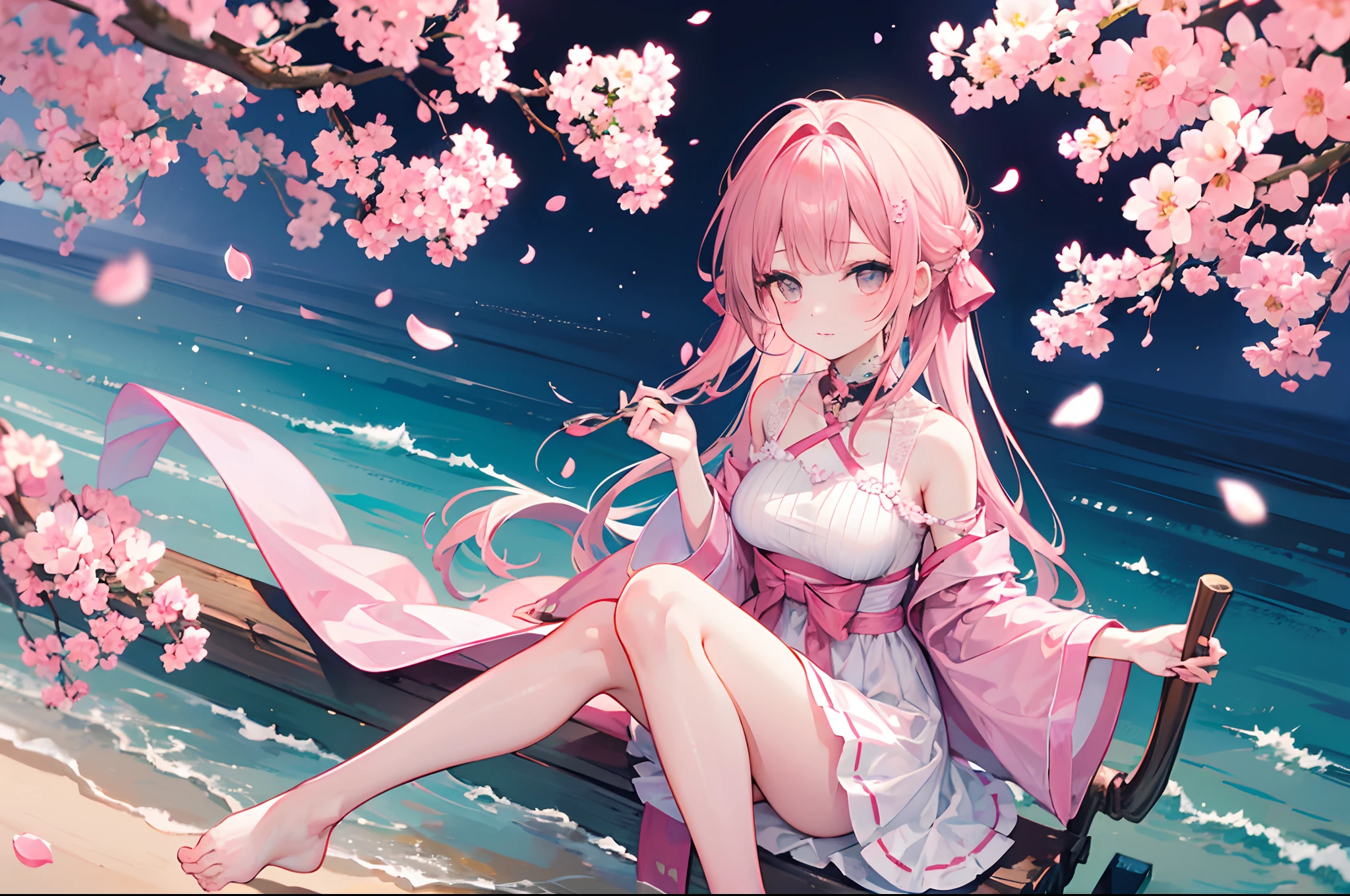 [Anime 1.5], [Elf 1.5], White and pink hair, long braided hairs, waterfalls and mountains, sakura trees, cherry blossom, bare legs, soaked pink robe, see through, pink ribbons, 1girl, lovely and Charming, floating with legs wide open, panties visible, no bra, blushing
